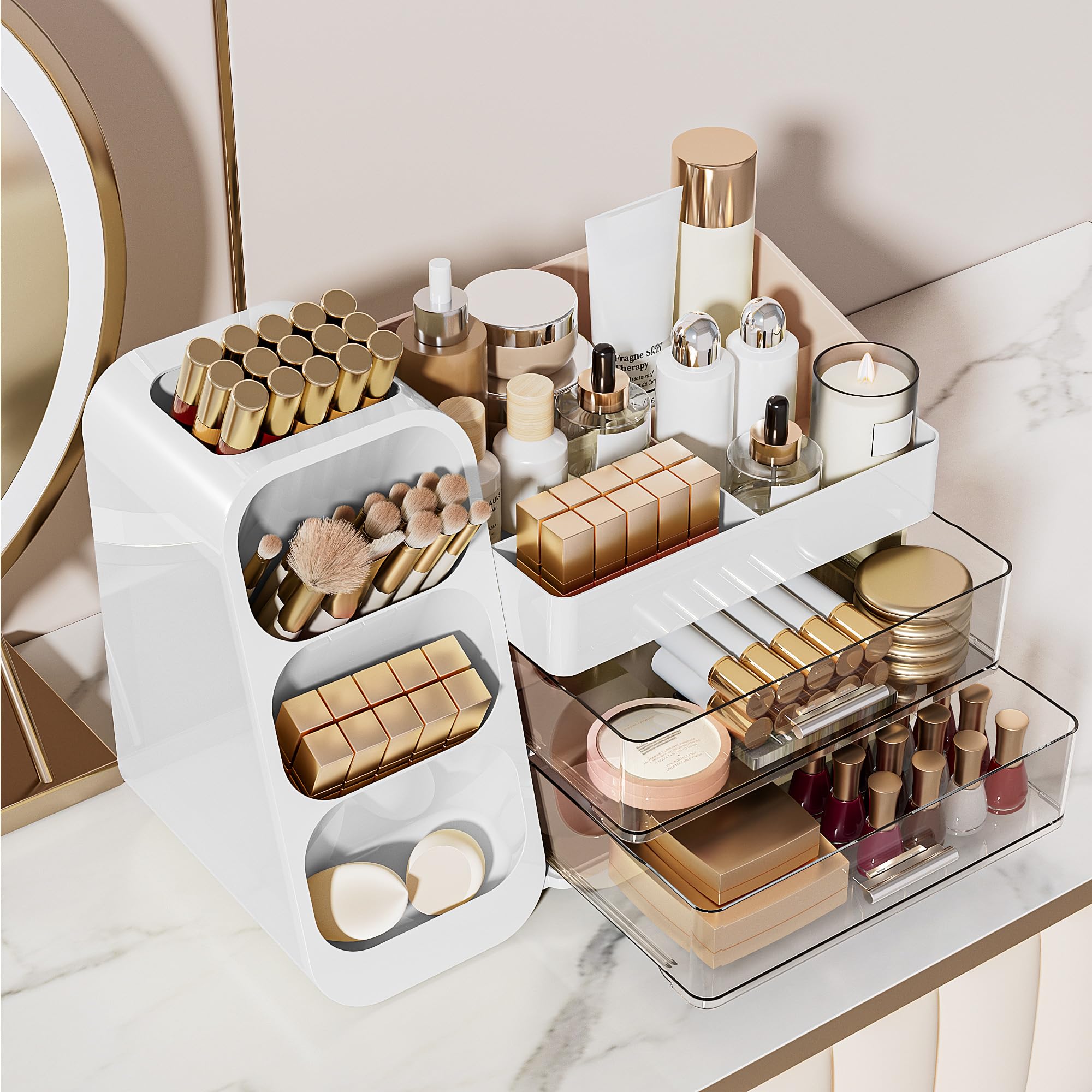 Delamu Makeup Organizer with Drawers for Vanity, Spacious Cosmetic Display Case with Makeup Brush Holder, Perfect Vanity Bathroom Organizer and Storage Solution for Skincare & Beauty Essentials, White