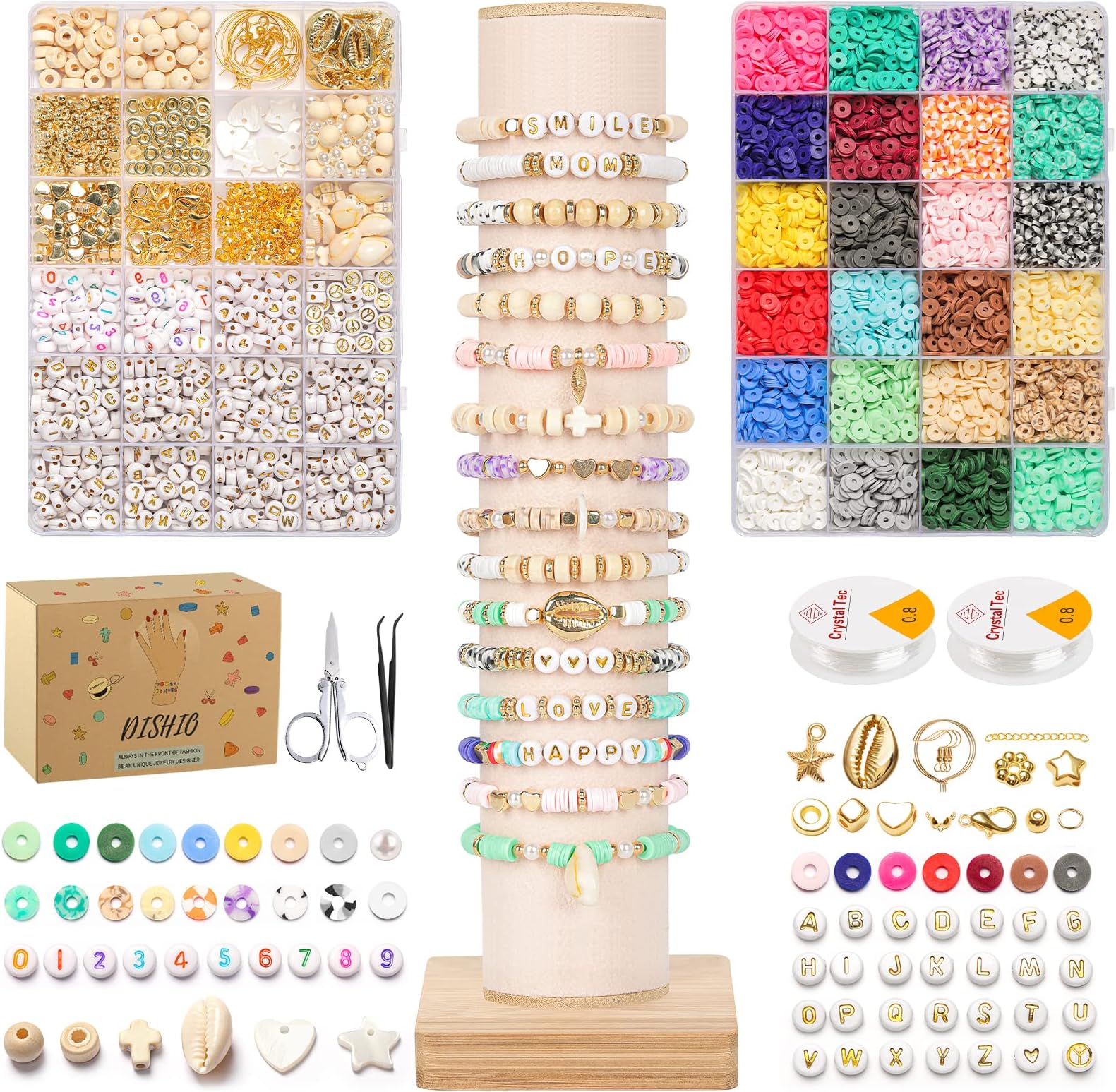 DISHIO Bracelet Making Kit Friendship Clay Beads 2 Boxes Flat Polymer Clay Beads for Jewelry Making Kit for Adult, 24 Colors 6000Pcs with Letter Beads Heishi Beads DIY Crafts for Girls with Gift Pack
