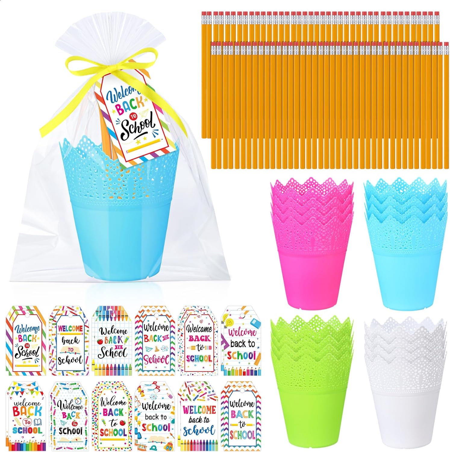 Pasimy 24 Sets Back to School Stationery Gifts Set for Students First Day of School Pencils Holders With Label Tags Pencils Gift Basket for Classroom Prize Goodie Bag Fillers Party Favors(Pen Cup)