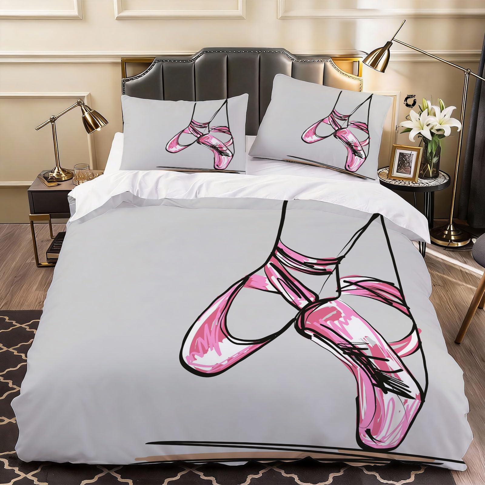 3D Girls Ballet Shoes Duvet Cover Cartoon Bedding Double Bed Set, Soft Microfiber Comforter Cover Printed with Zipper Closure Quilt Coverr 200x200 cm and 2 Pillowcases
