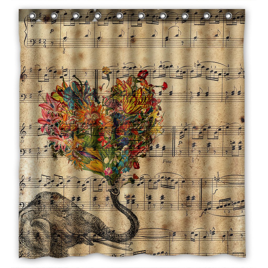 LUSKF Custom Music Note and Elephant with Colorful Paisley Heart Polyester Fabric Shower Curtain Bathroom Decor Size 66x72 inches