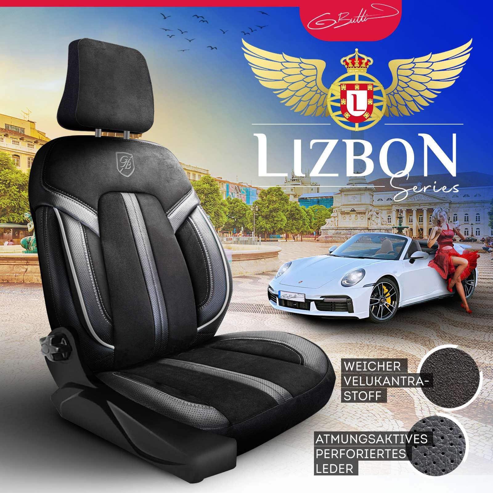 Autositzbezüge Universal für PKW & SUV – Premium Vordersitze Auto Sitzbezug aus Alcantara, Schwarz-Grau, Airbag-Kompatibel Sitzauflage, Autoschonbezug, Vordersitz-Set inkl. Montageset