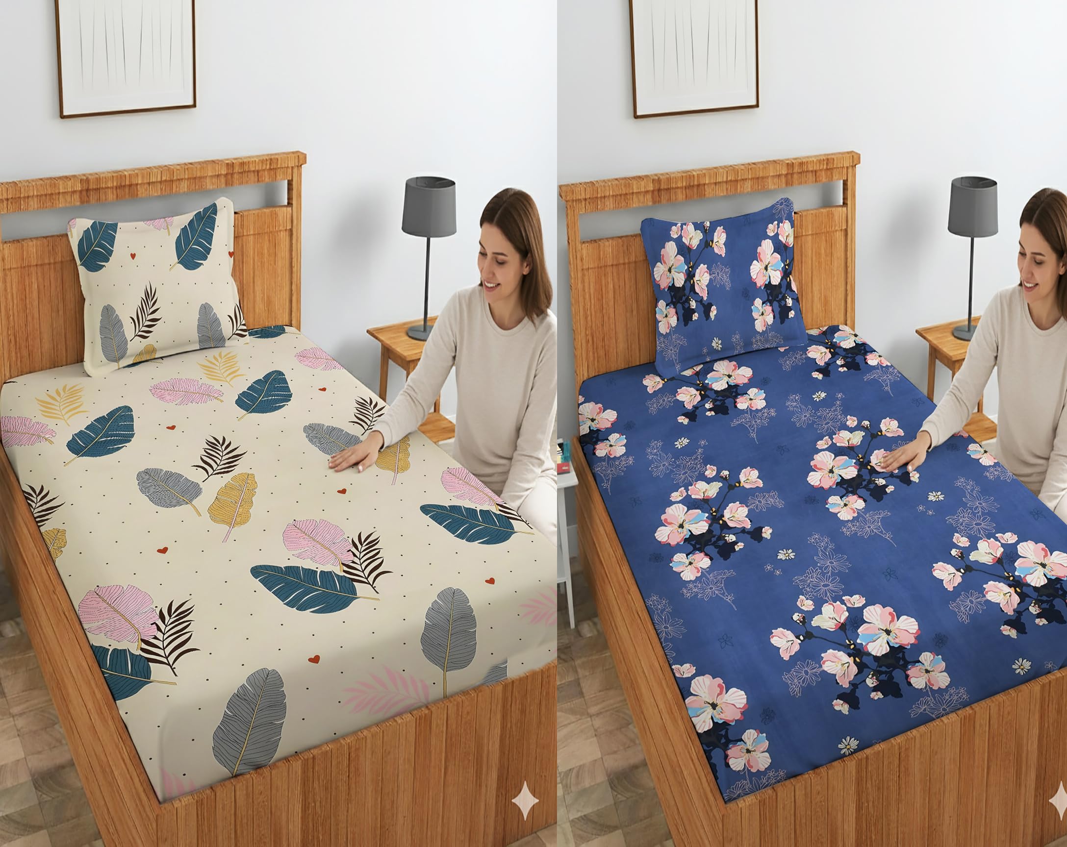 IVAZA Cotton Feel Glace Cotton Combo Pack of 2 Single Bedsheet with 2 Pillow Covers | 160 TC Soft Brushed Cotton-Blend - Long Lasting & Wrinkle Free - | 60x90 Inch or 4x6 feet (Blue and Cream)-picture-15