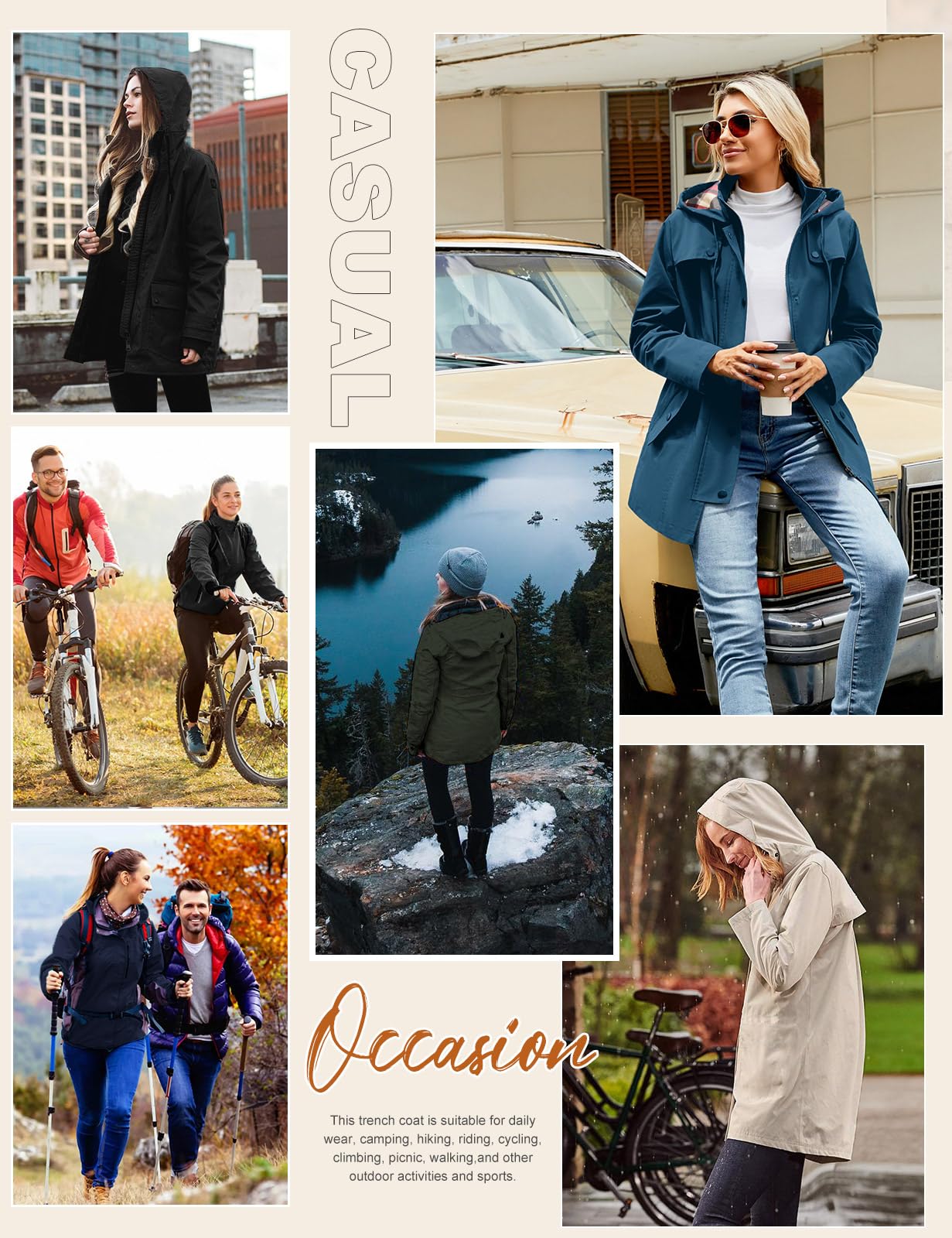 Chubasquero Mujer Impermeable Trench Chaqueta de Lluvia Largo Chaqueta Cortaviento para Mujer con Capucha Ligera Gabardina Impermeable al Aire Libre