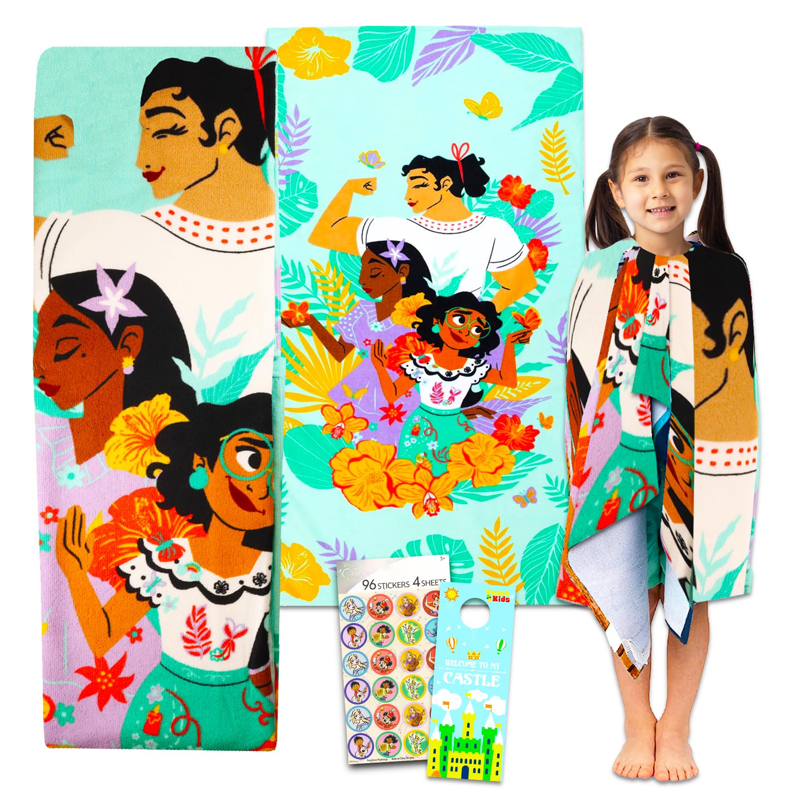 Disney Encanto Bath Towel Set for Girls - Bundle with 27" x 54" Giant Encanto Beach Towel with Stickers, More | Encanto Bathroom Decor for Kids