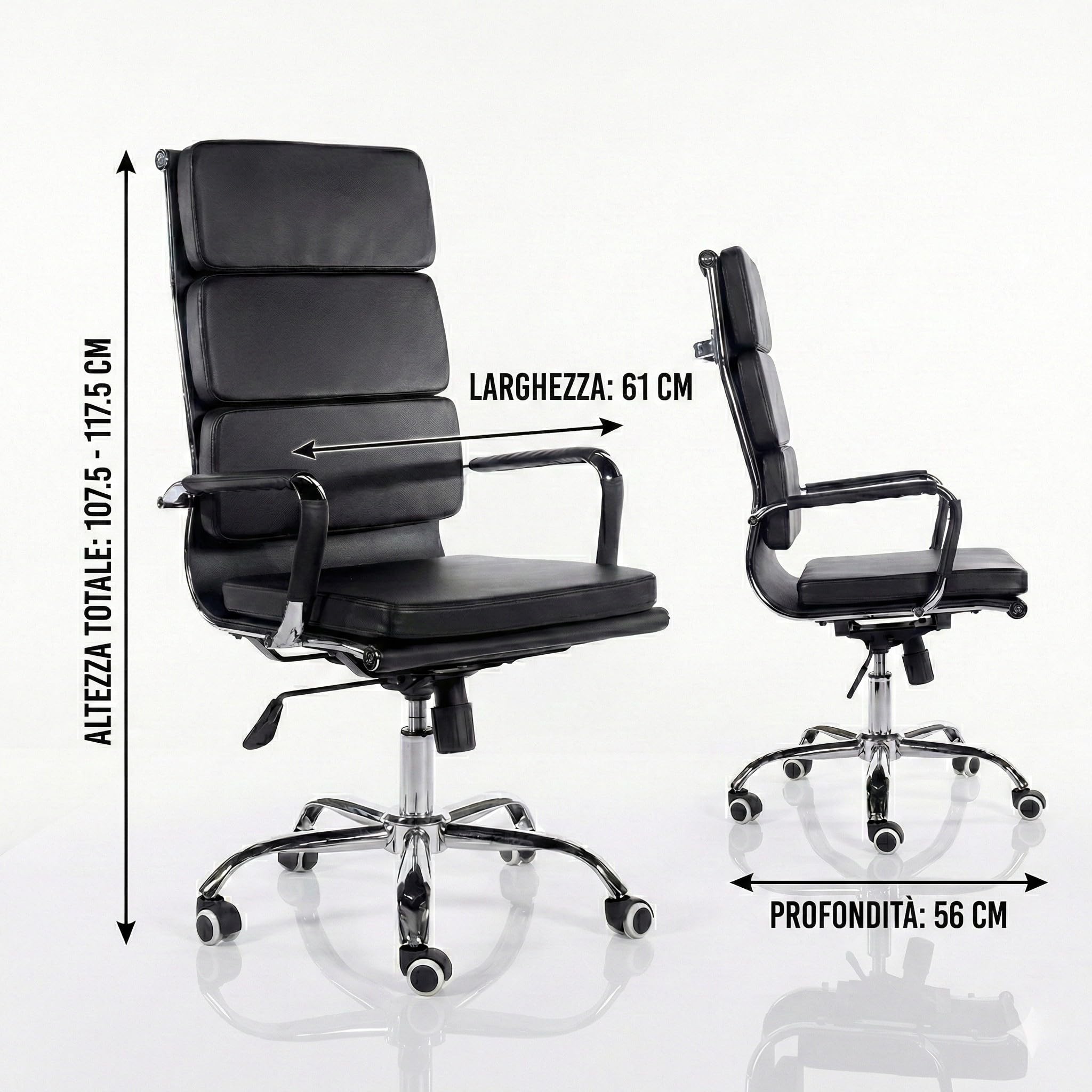 Cribel Poltrona Mito Presidenziale in Finta Pelle Nera con Metallo Cromato, Sistema Basculante e Altezza Regolabile, Design Moderno per Ufficio, Studio e Home Office, 56 x 61 x 117 cm
