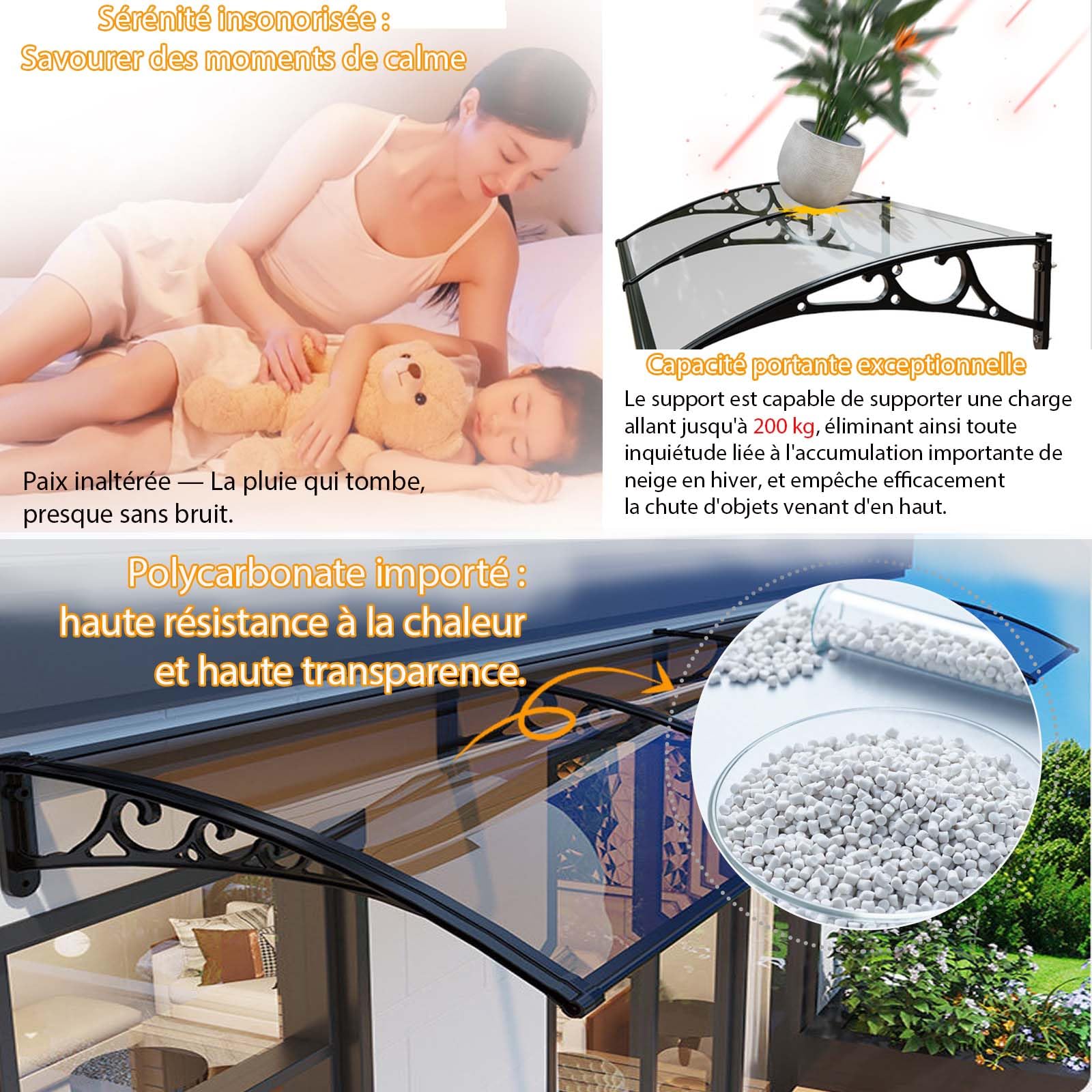 Auvent De Porte D'entrée Moderne，Toit Marquise en Polycarbonate Porte，Marquise De Porte Exterieur en Aluminium，Résistante Toit Abri Protection，avec Structure Abs，pour Terrasse, Balcon