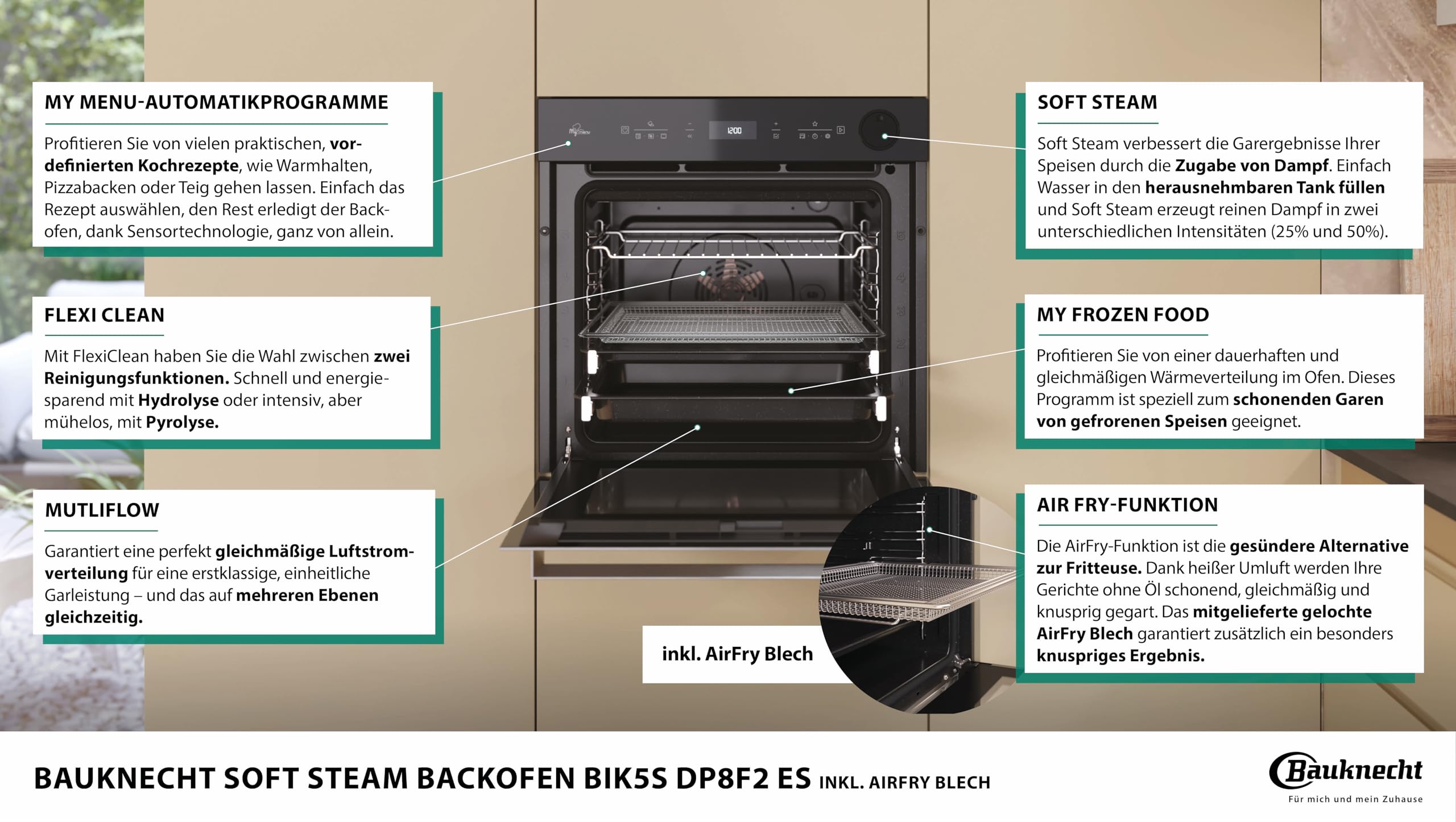 Bauknecht BIK5S DP8F2 ES Einbau Dampf-Backofen Soft Steam FlexiClean Pyrolyse AirFry Multiflow MyMenu 2-fach Teilauszug Energieklasse A+