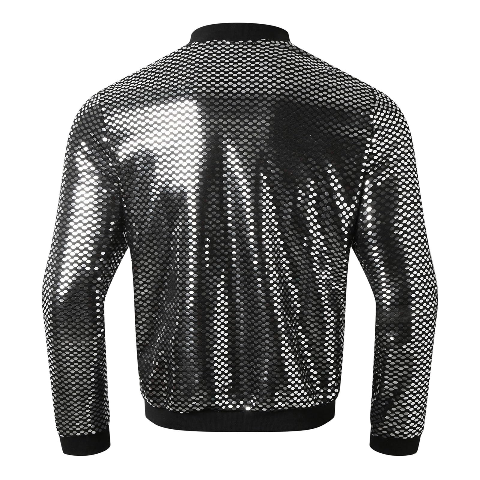 Generisch Giubbotto bomber da uomo con paillette, giacca da aviatore 70s, abbigliamento da discoteca, colletto alto, con chiusura lampo, per le mezze stagioni, per clubwear