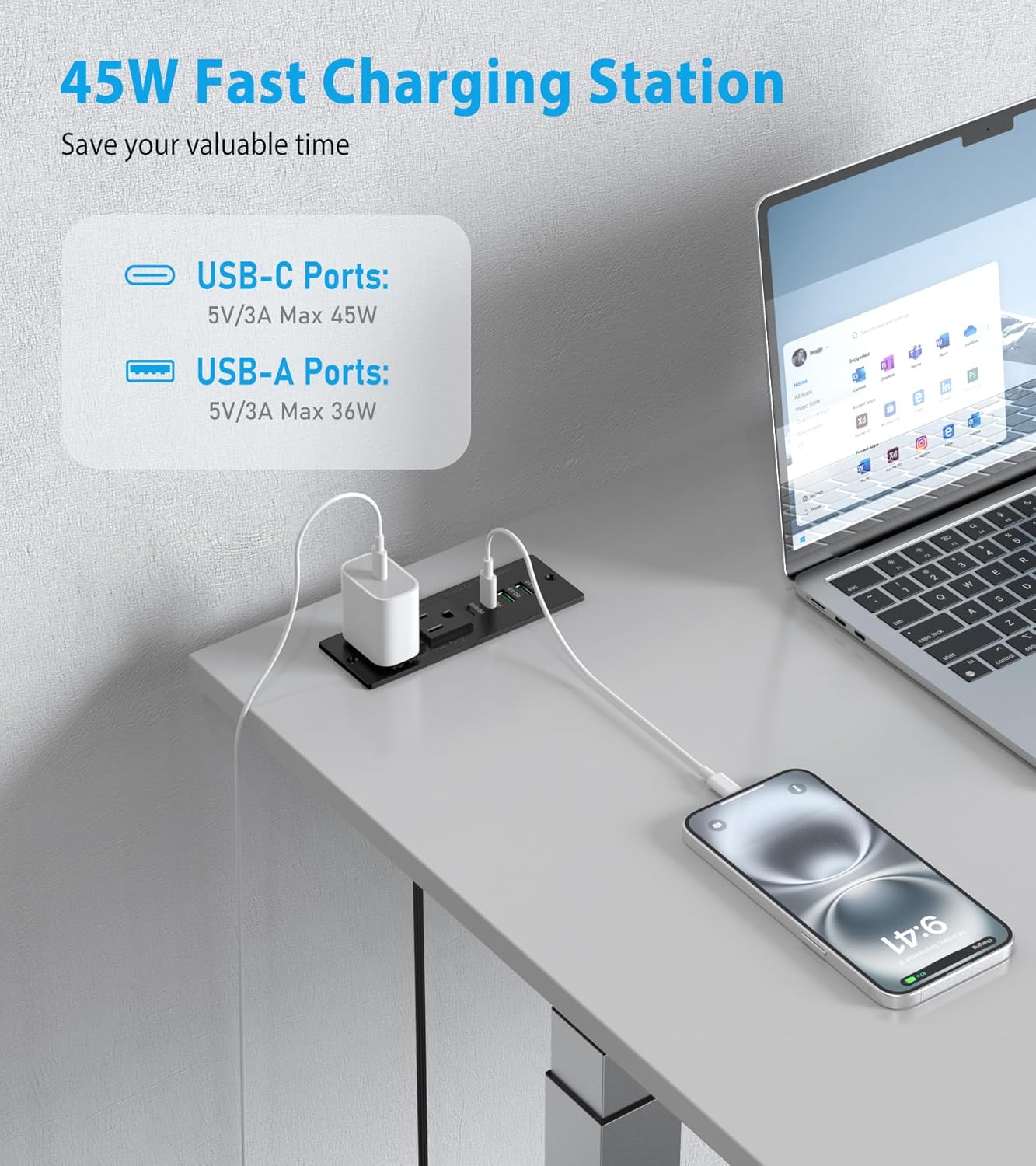 45W USB C Recessed Power Strip, Recessed Outlet with 4 USB Ports, Flush Mount Furniture Hidden Drawer Fast Charging Station for Home Office-6FT