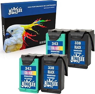 RINKLEE Remanufactured for HP 338 343 Ink Cartridge compatible with HP Photosmart 2575 2610 2710 8150 8450 8750 C3180 DeskJet 460 6540 9800 PSC 1610 2355 Officejet 100 150 H470 | 2 Black, 2 Tri-Colour