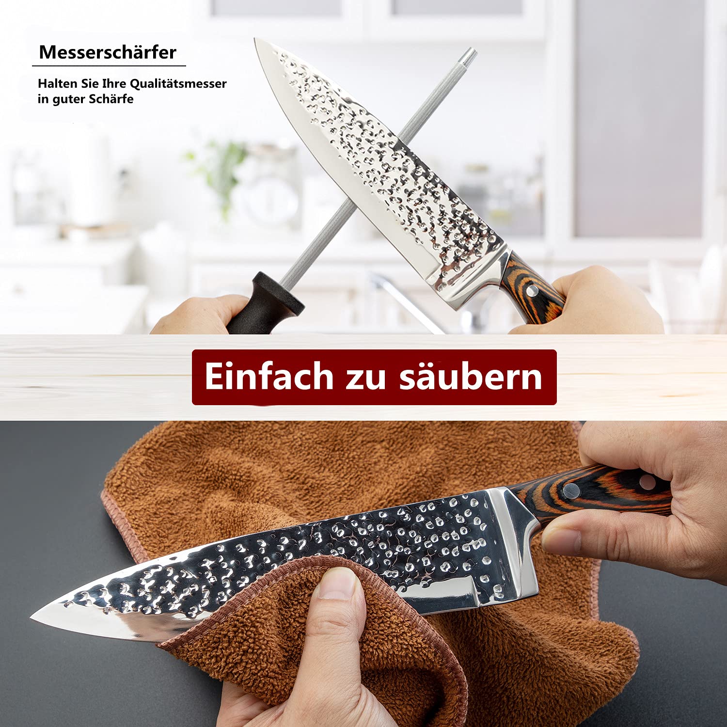 HOBO Messerset, Messerblockset 15 Stück, Küchenmesserset mit Santokumesser Kochmesser Brotmesser Schälmesser Steakmesser Anspitzer, Japanische Edelstahlmesser,Wasserwellentextur Farbiger Holzgriff
