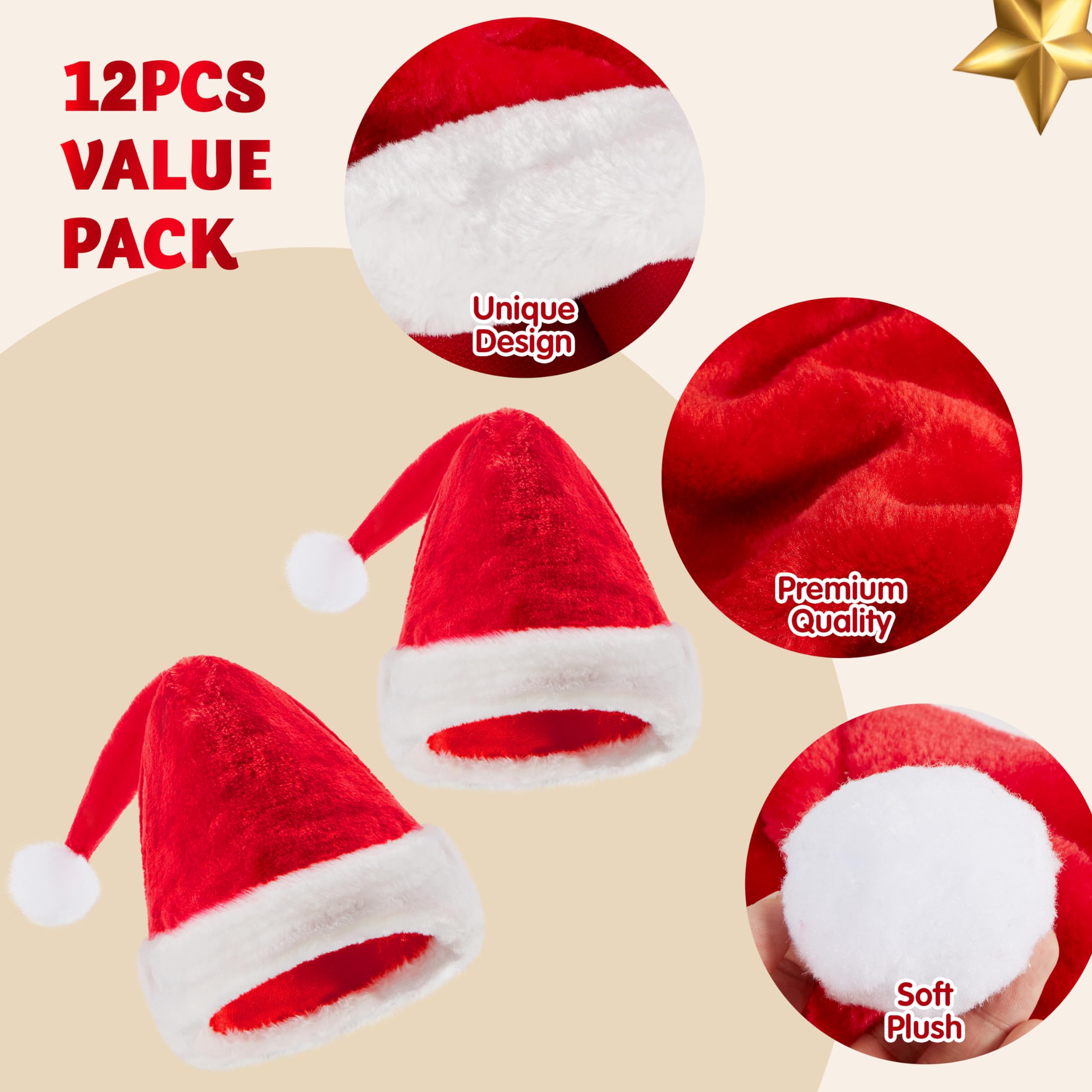 JOYIN Lot de 12 bonnets de Noël de qualité supérieure de 30 x 50 cm, en velours rouge avec manchettes blanches pour cadeaux de Noël et accessoires de fête