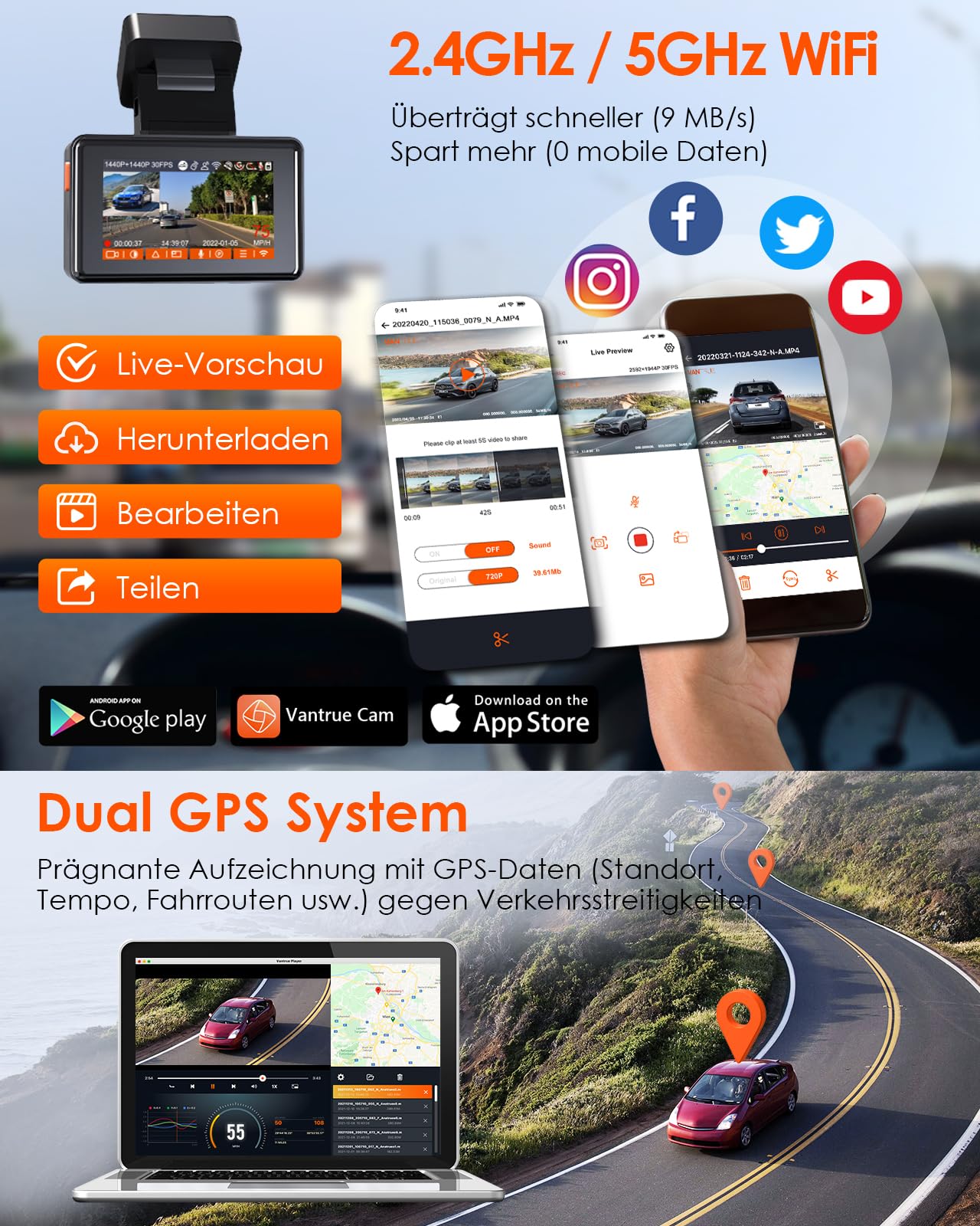 VANTRUE E2 2.7K+2.7K Dash Cam, 5GHz WiFi GPS Doppia 1944P Telecamera Per Auto, Dashcam Controllo senza Fili e Vocale, 24h. Modalità di Parcheggio Tampone, Visione Notturna WDR 2,45" 160 Gradi Max 512G