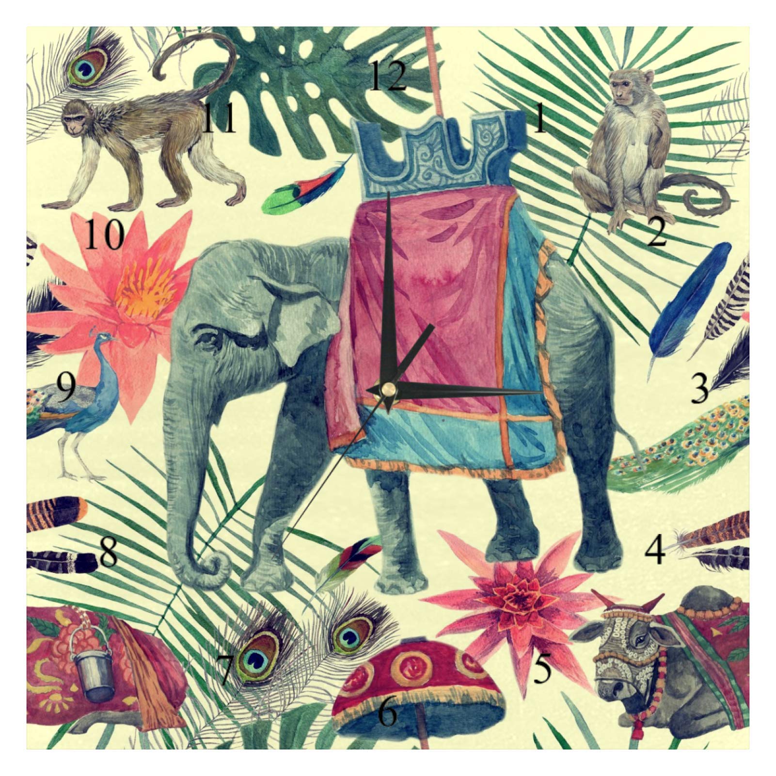 BestIdeas Wall Clocks Indian Elepanht And Momkey Peacock Battery Operated Number Clock for Bedroom Living Kitchen Office Home Decor Silent & Non-Ticking