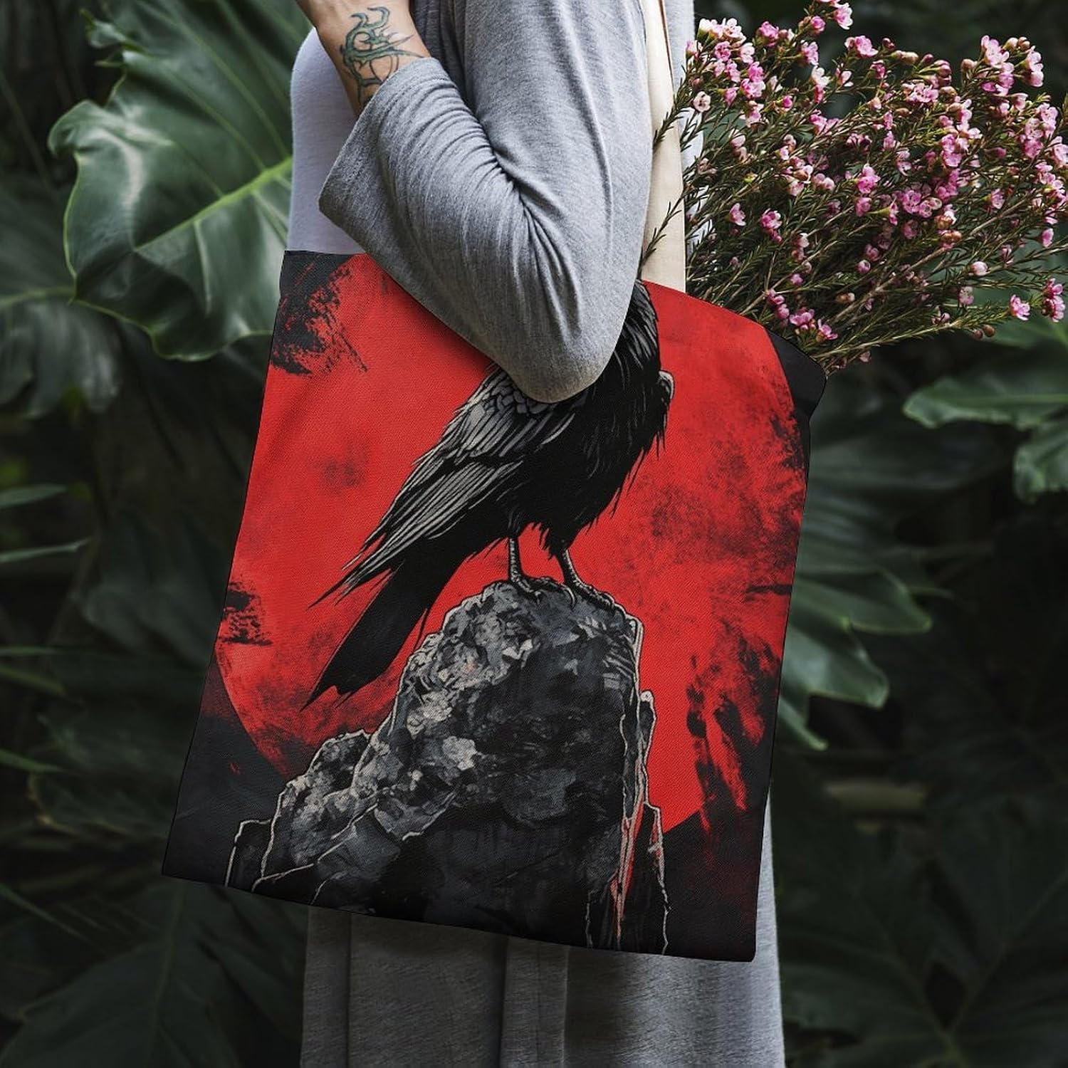 Gothic Raven Canvas Tote Bag Reusable Grocery Bags Foldable Soft Cotton Shoulder Carry Bag