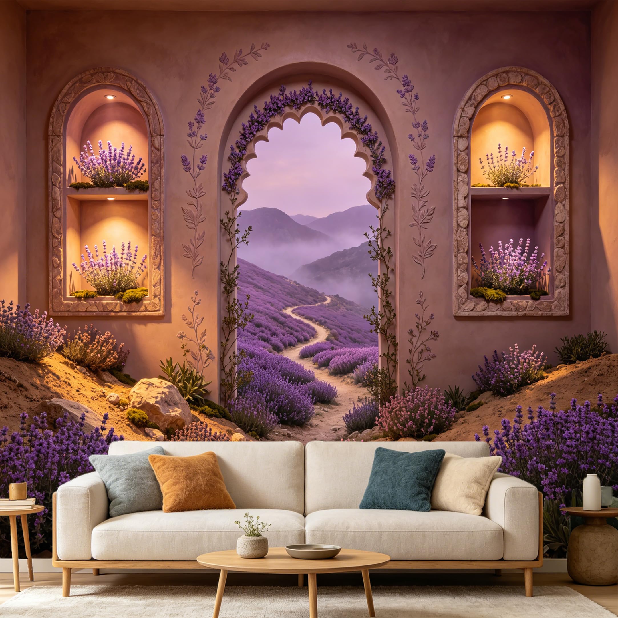 Custom Size Wall Mural， 3D Lavender Field Mountain Archway Mediterranean Landscape， SelfAdhesive Art Prints wall Fabric Removable Large Wallpaper Home Living Room Decor