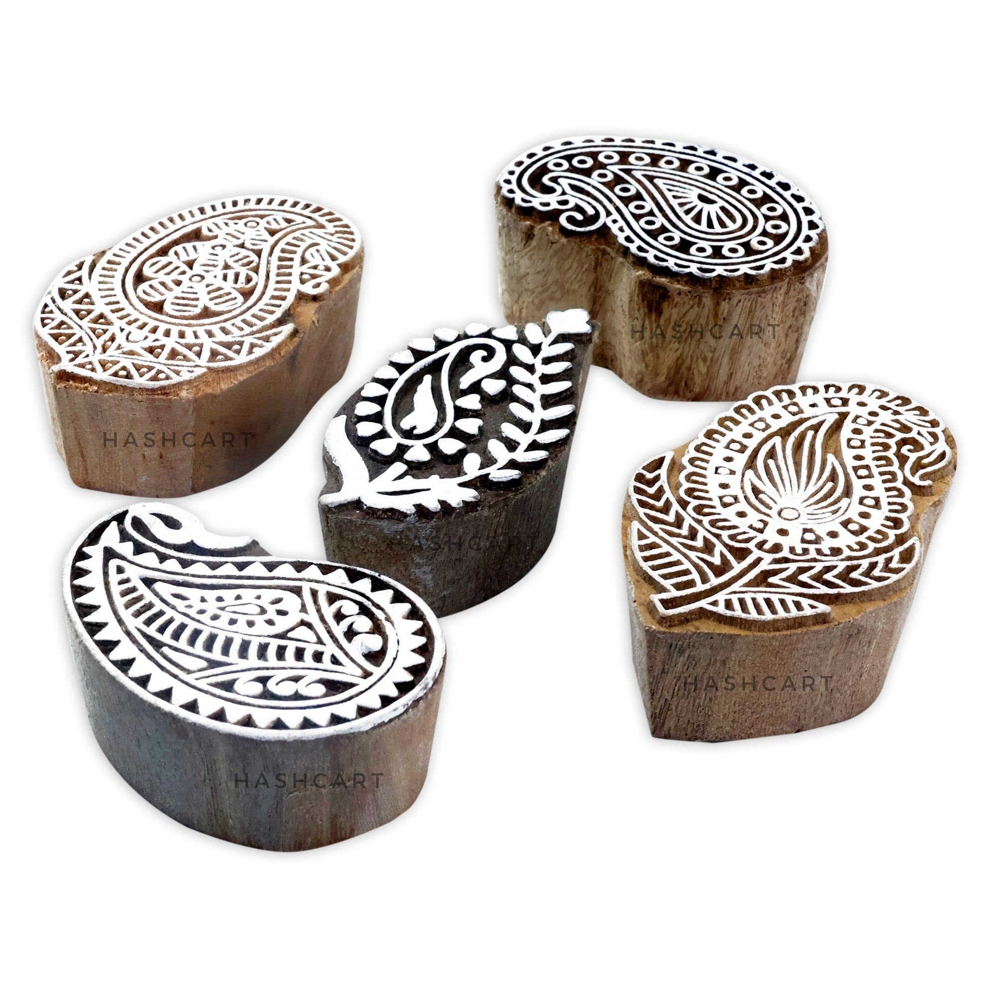 Wooden Printing Stamp Paisley Designs Wood Pottery Block Handmade Wood Printing Stamps for Kids' Art Projects Textiles Fabric Clay Henna Tattoo [ Set of 5 ] HASHCART®
