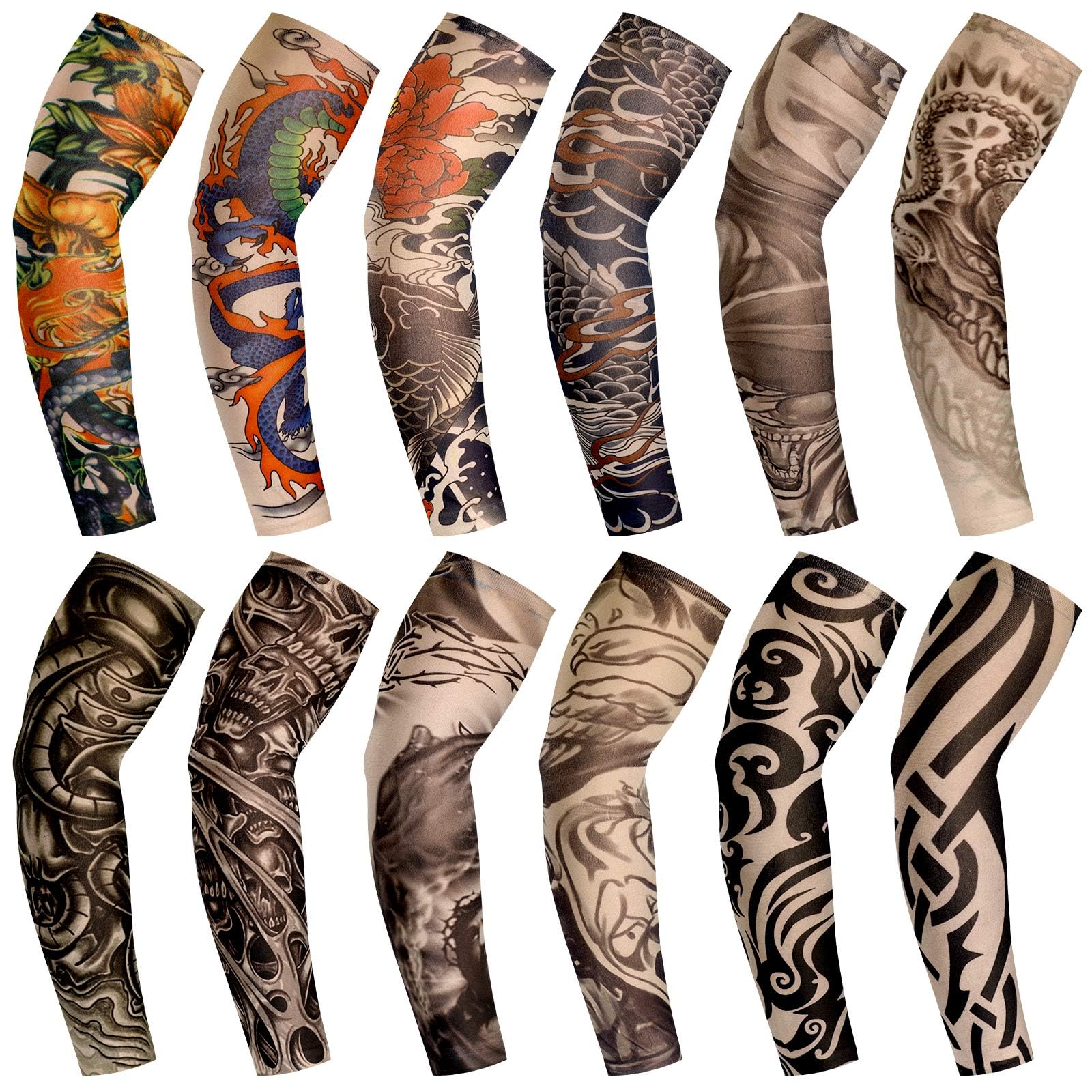 Geyoga 12 Pcs Tattoo Sleeves Fake Arm Sleeves Cover Realistic Soft Elasticity UV Protection for Men Women Working