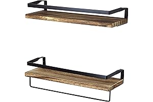 Rustic Floating Wood Shelves with Metal Rail