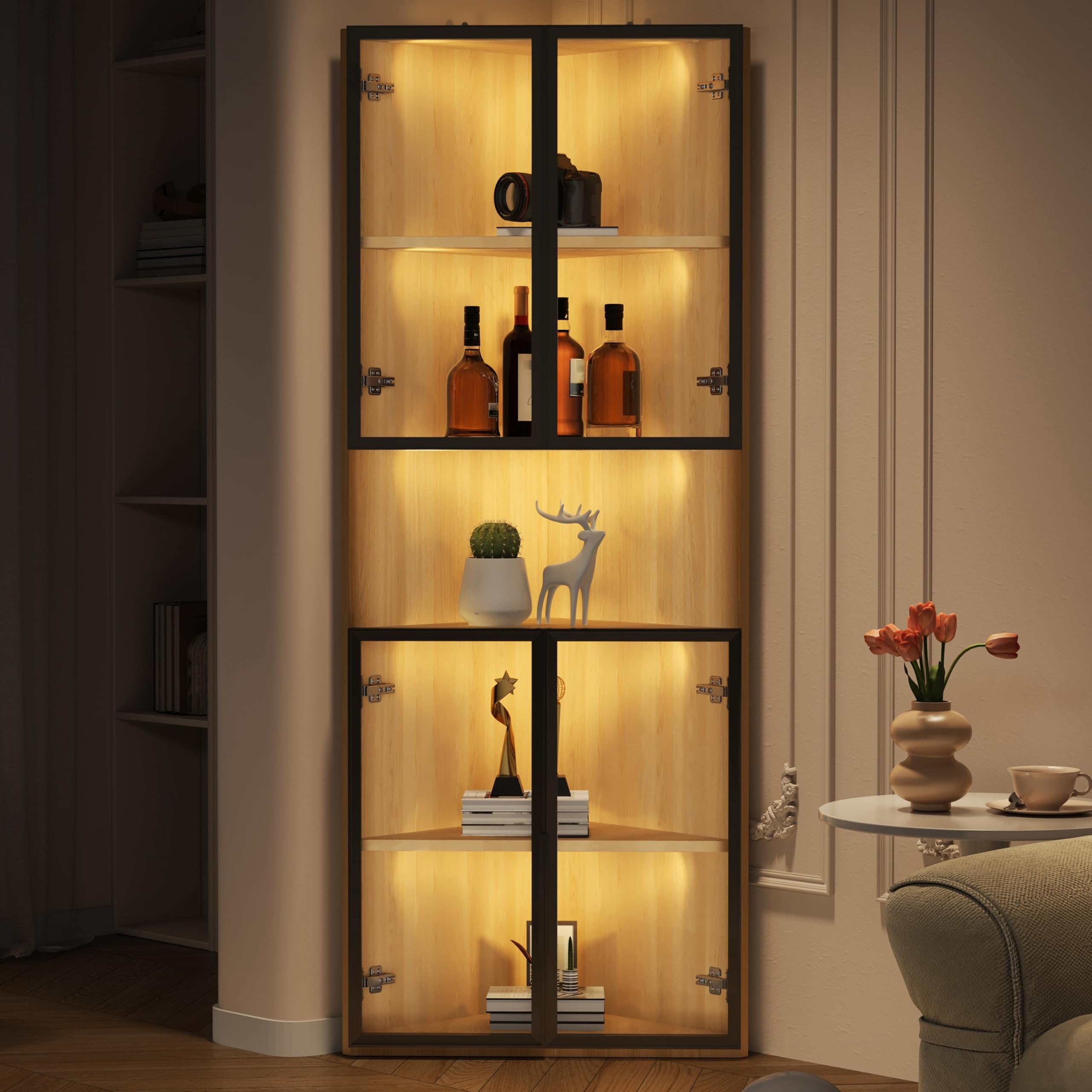 REXO Vetrina in vetro a LED, 62 × 32 × 160 cm, effetto rovere, striscia luminosa a LED, vetro temperato antipolvere, vetrina angolare con porta, libreria, vino e bagno