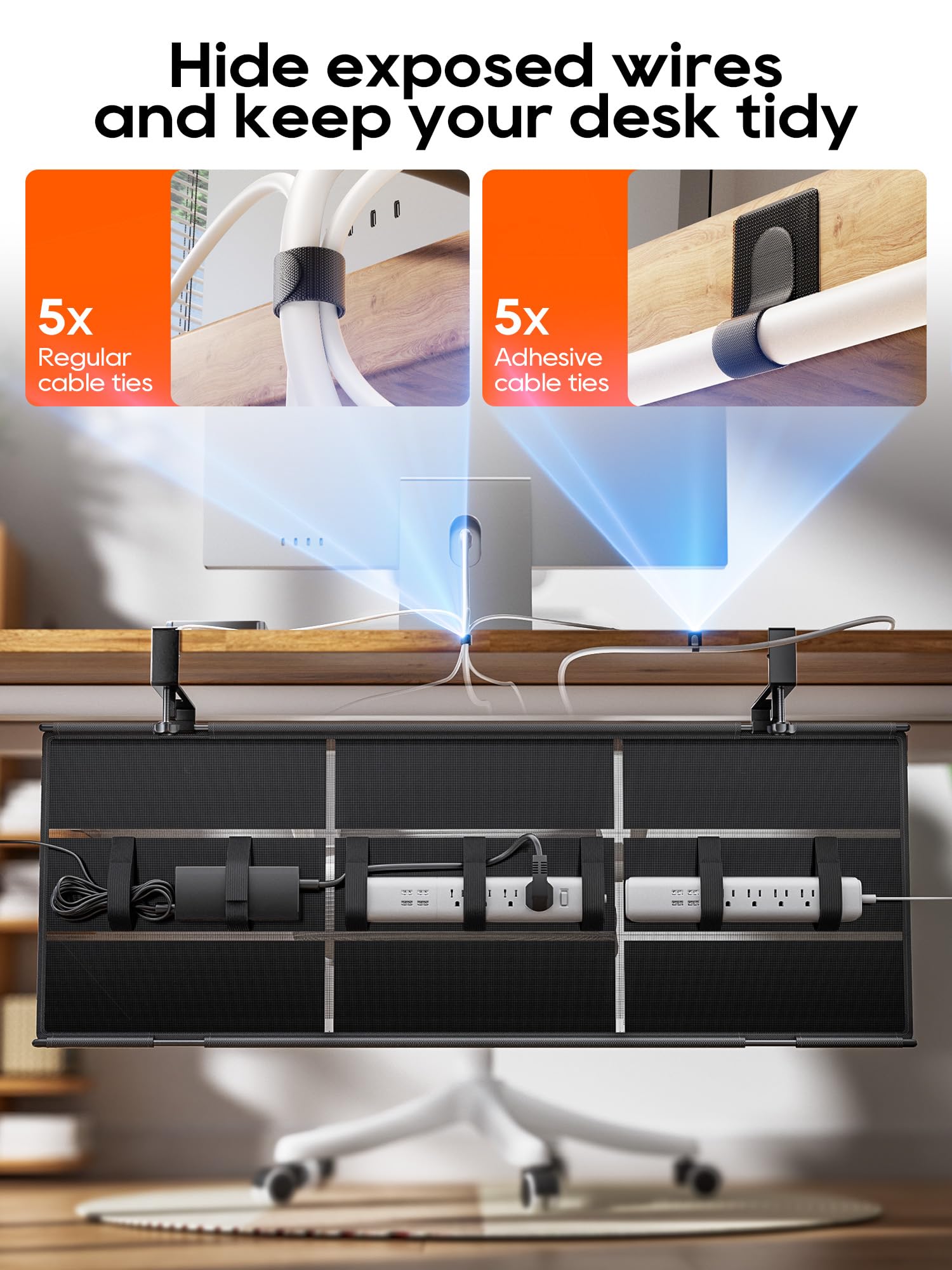 Kabel-Management-Tablett unter dem Schreibtisch, ohne Bohren, Kabelbinder im Lieferumfang enthalten, umweltfreundliches Canvas-Material, Netz-Design für Wärmeableitung, Kabel-Organizer/Aufbewahrung