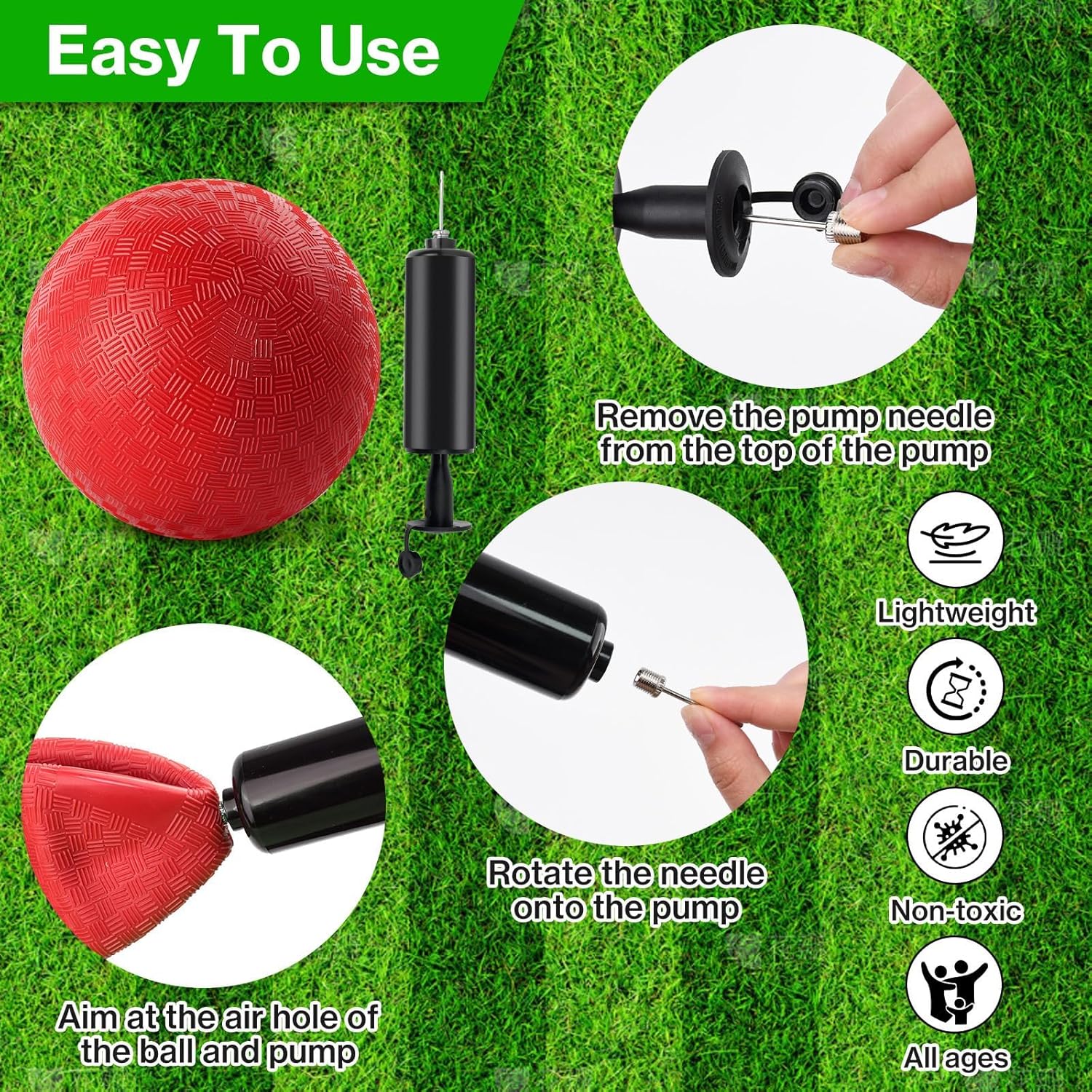 6 Pcs Dodgeballs 8.5 Inch Playground Ball Red Kickball Inflatable Rubber Handball Bouncy Dodge Ball with 1 Hand Pump for Outdoors Ball Games Gym Camps Picnic (Needle is at The Top of The Pump) - Image 3
