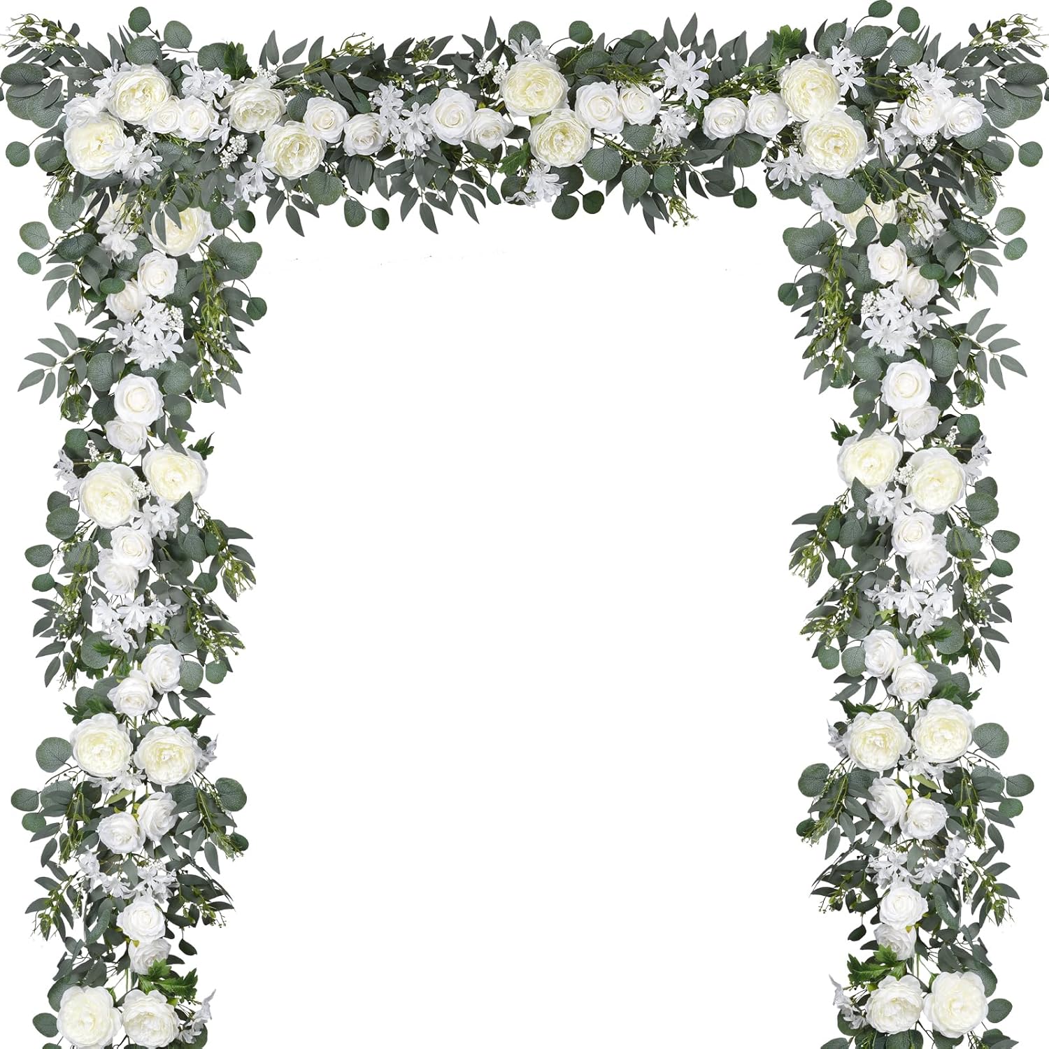 DearHouse 2Pcs Artificial Peony Flower Garland and - Silk Peony Garland with Flowers and Eucalyptus for Wedding Party Table Decoration,6ft/Strand (White)