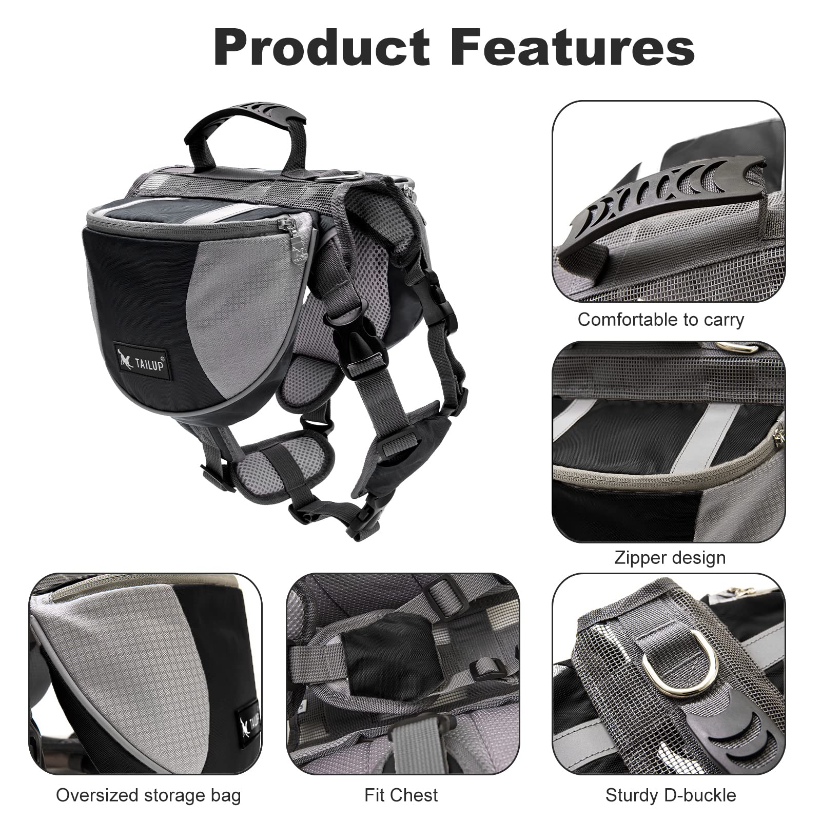 PETCUTE Sac à Dos pour Chiens avec de Grandes Poches,Respirant Sacoche de Harnais pour Chien avec Confortable Poignée,Réfléchissant Sacoche de Selle Sac à Dos pour Chien Moyens & Grands