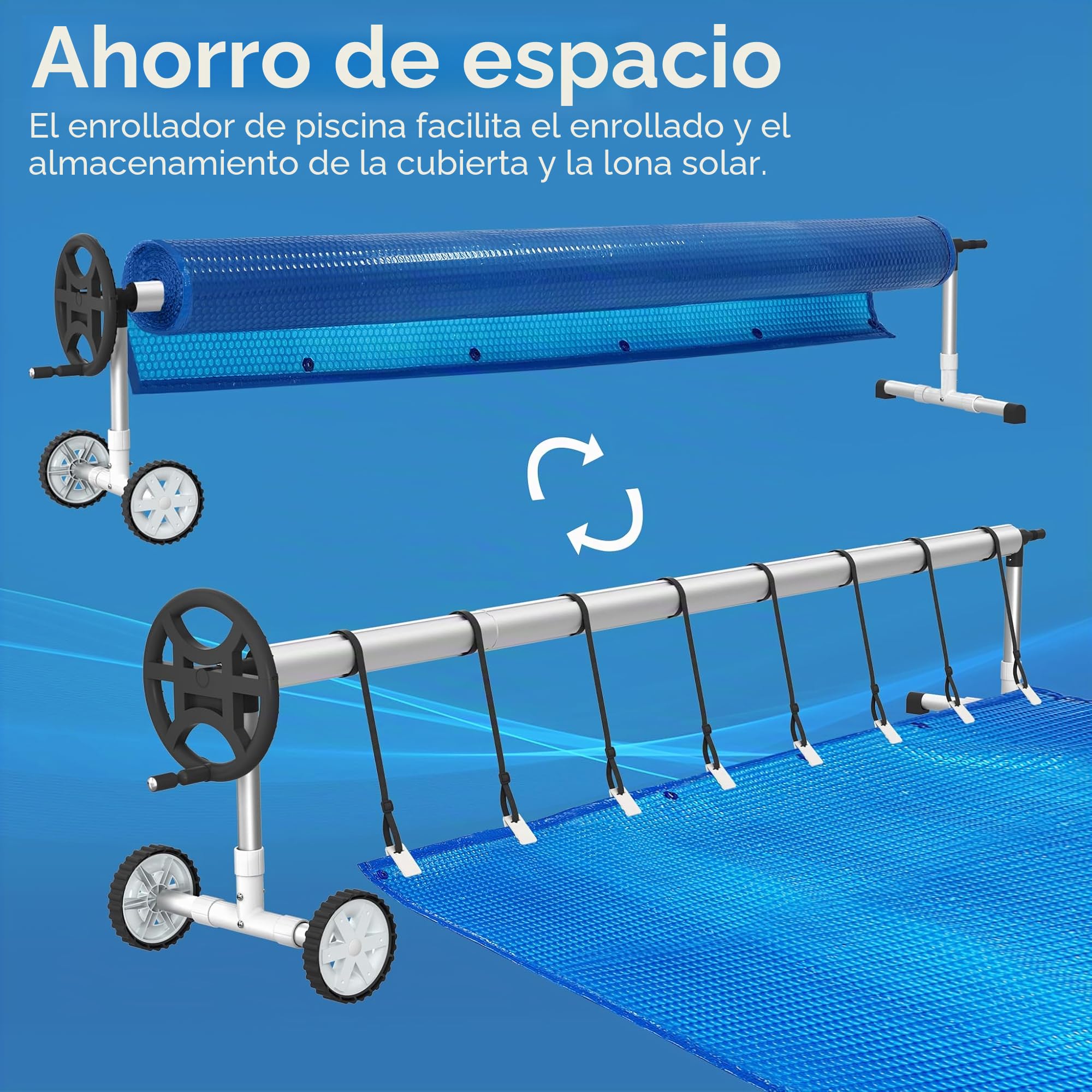 YRHome Enrollador de piscina de aluminio negro, sistema de enrollado móvil para láminas de piscina de 3 m a 5,70 m, enrollador para piscina con cintas y ruedas para lona de piscina y cubierta, rollo
