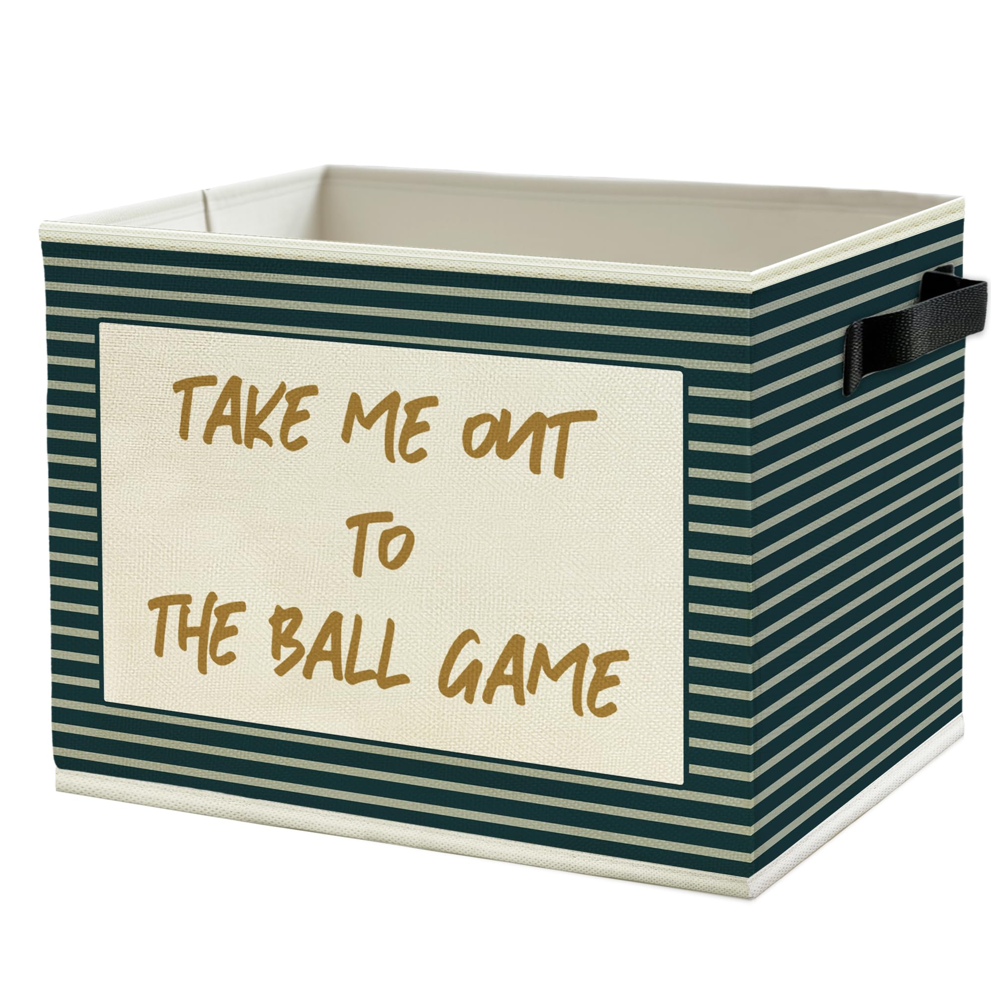 Vintage Baseball Nursery Storage Bins Box with Handles, Take Me Out to the Ball Game Sports Green Striped Collapsible Basket Organizer for Boys Bedroom Playroom Bathroom Books Clothes