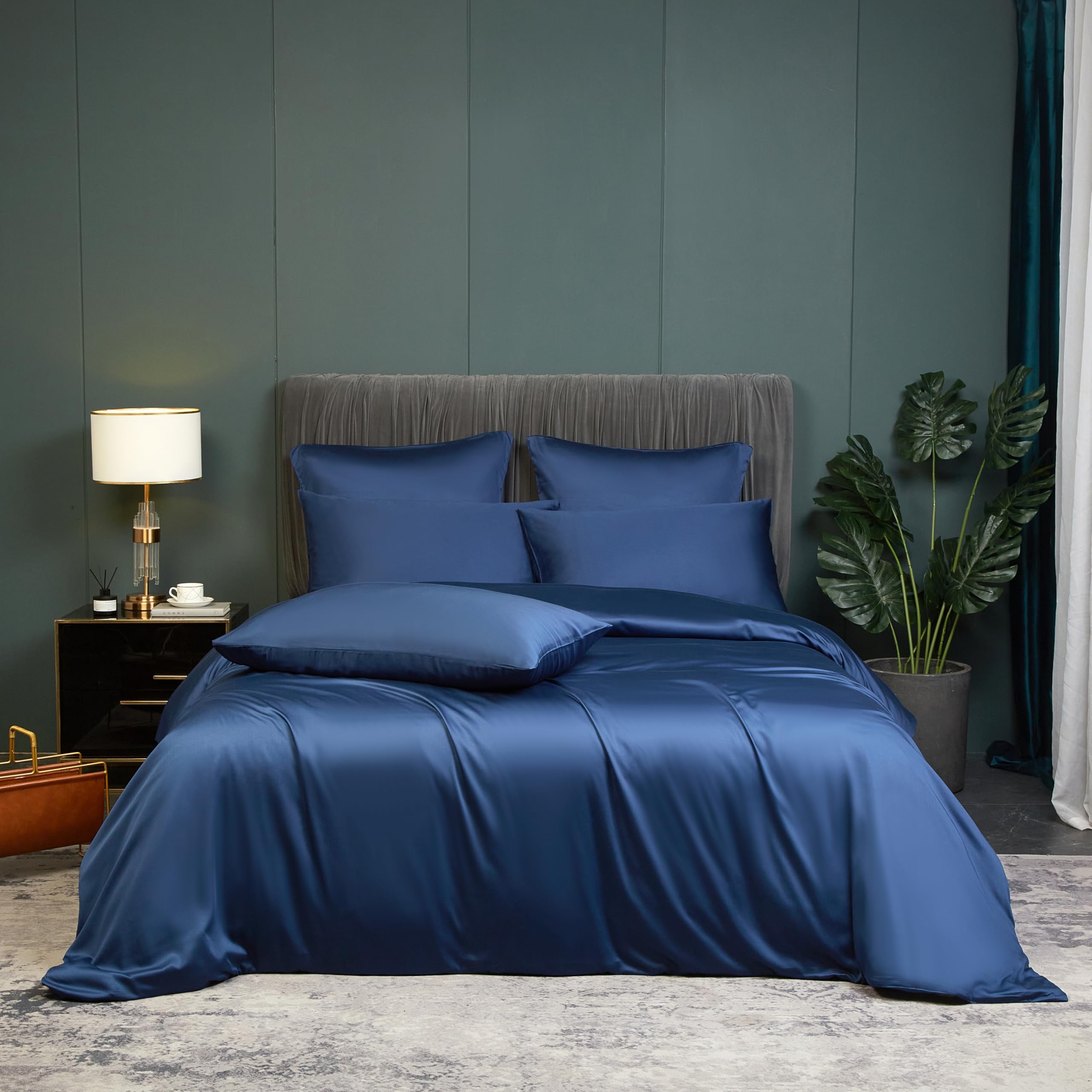 DXHOME Bamboo Bed Linen 155 x 220 cm Blue Dark Blue Plain Bamboo Fibre Summer Bed Linen Breathable Cool Duvet Cover Set Double Bed Duvet Cover with Zip and 2 Pillowcases 80 x 80 cm