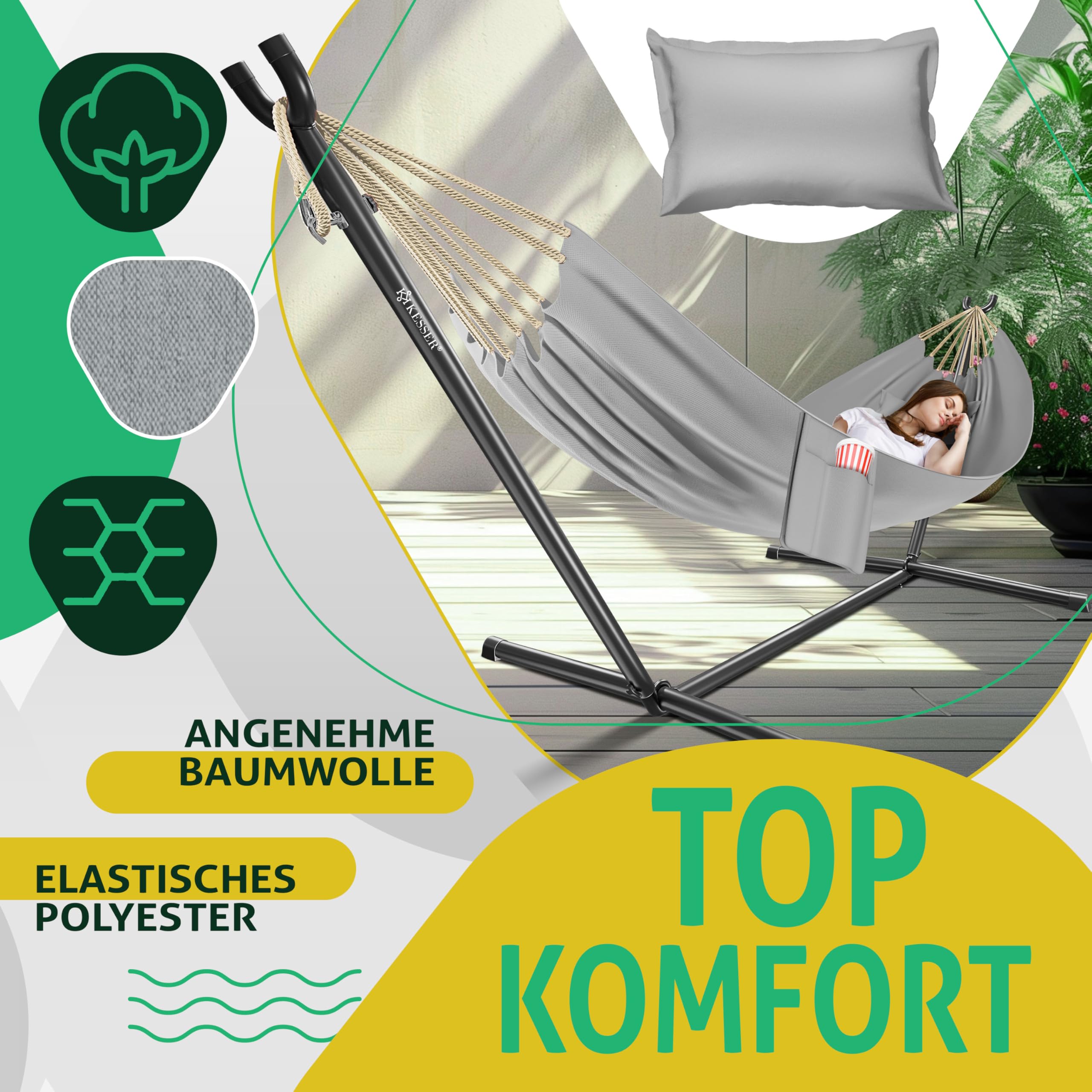 KESSER® Amaca HILL con telaio e cuscino - doppia amaca per 2 persone - solida struttura - capacità di carico 200 kg - per esterni ed interni - poltrona sospesa XXL doppia o multi-persona, Grigio