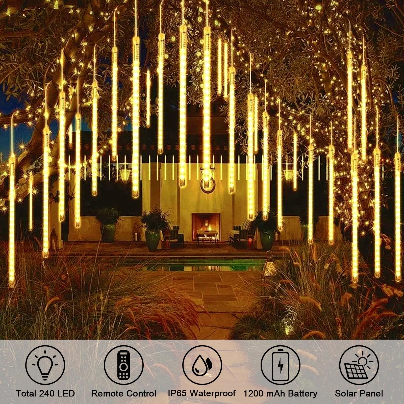 OPAHUTER Solar Meteor String Lights with Remote, 240 LEDs Falling Rain - Image 4