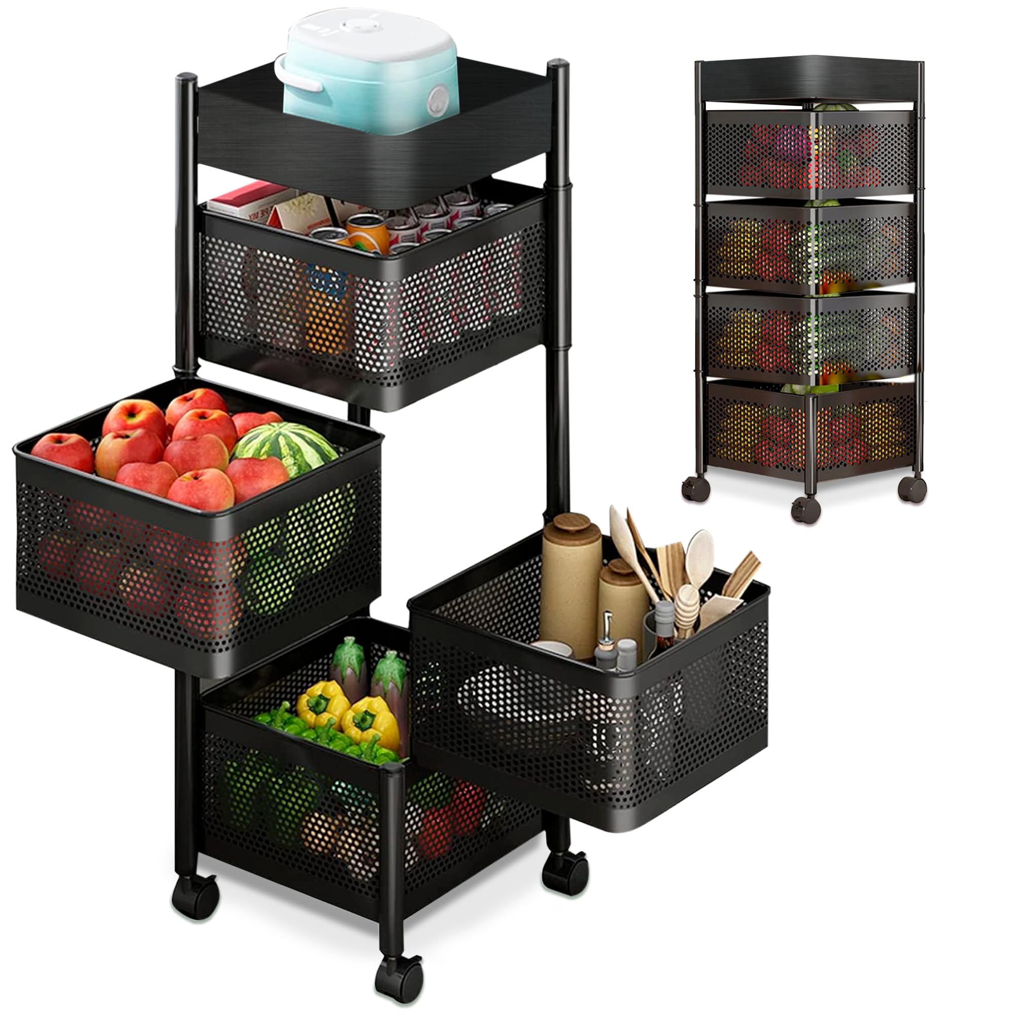 JUPPLIES Carrito Auxiliar con Ruedas - Cesta de Almacenamiento Ahorra Espacio 4 Niveles - Carrito Cocina Giratorio - Estante Cocina, Baño, Estante para Frutas, Verduras, Utensilios-Metalico (Negro V2)
