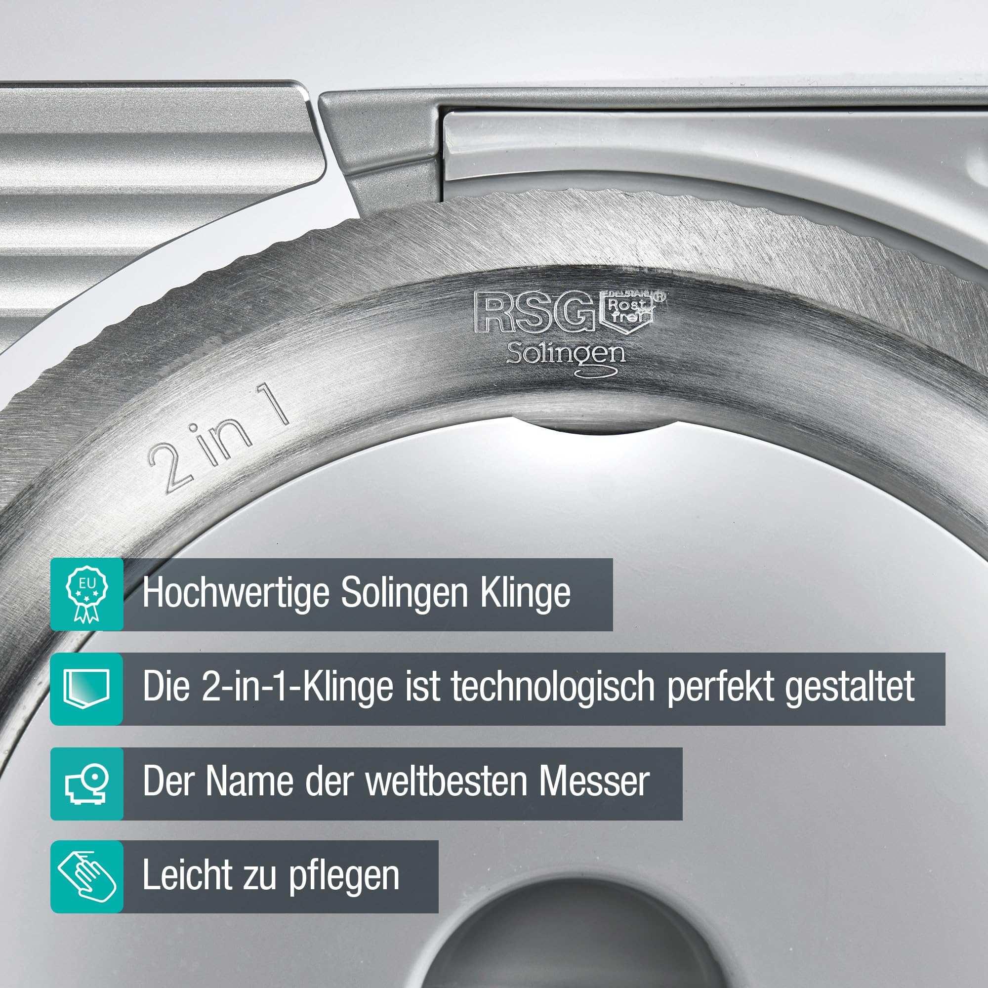 Gorenje R 902 A Alleschneider, Solingen Messer, Made in Europe, Sicherheitstaste, einstellbare Schnittstärke, silber