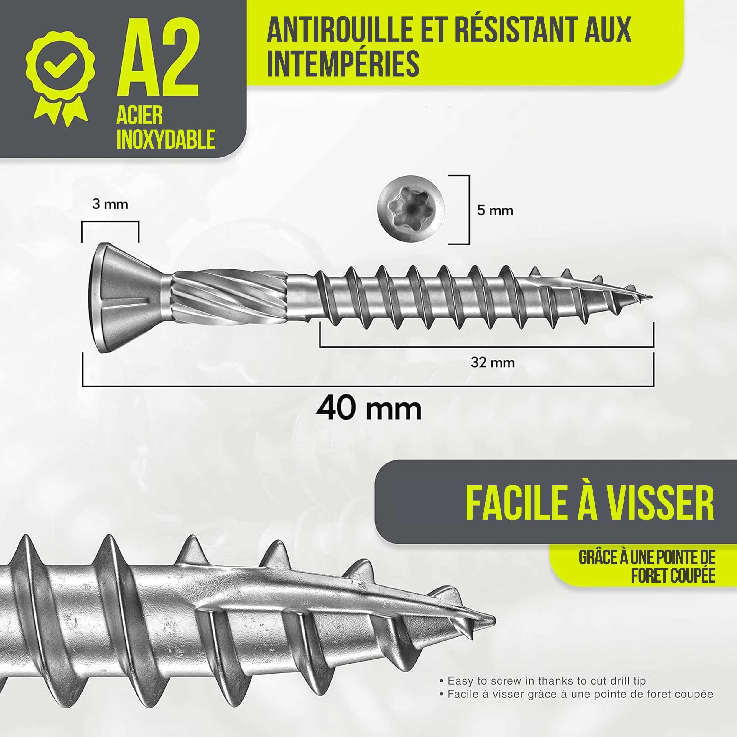 Haut de gamme Vis pour terrasse en acier inoxydable avec embout | A2-5,0 x 40 mm 200 pièces TX25 | Dentelle coupée | Vis à bois, inox, torx Nervures de fraisage |