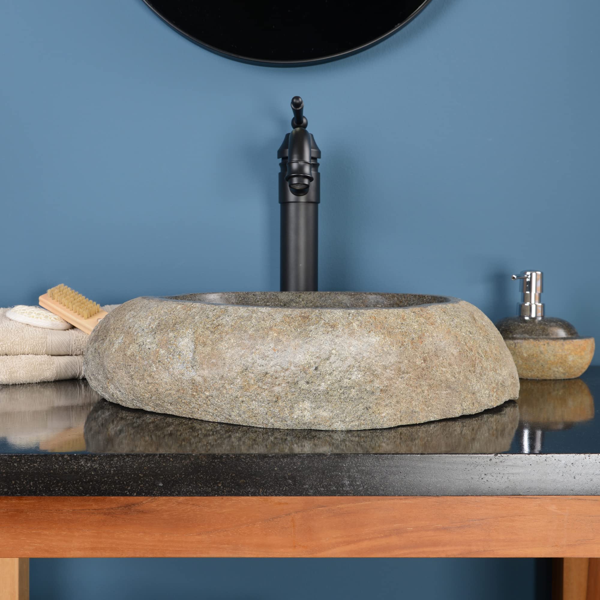 40 cm Naturstein-Waschbecken grau Flussstein-Aufsatzwaschbecken Findling Badezimmer Steinwaschbecken Hand-Waschbecken Waschschale Gäste WC WOHNFREUDEN