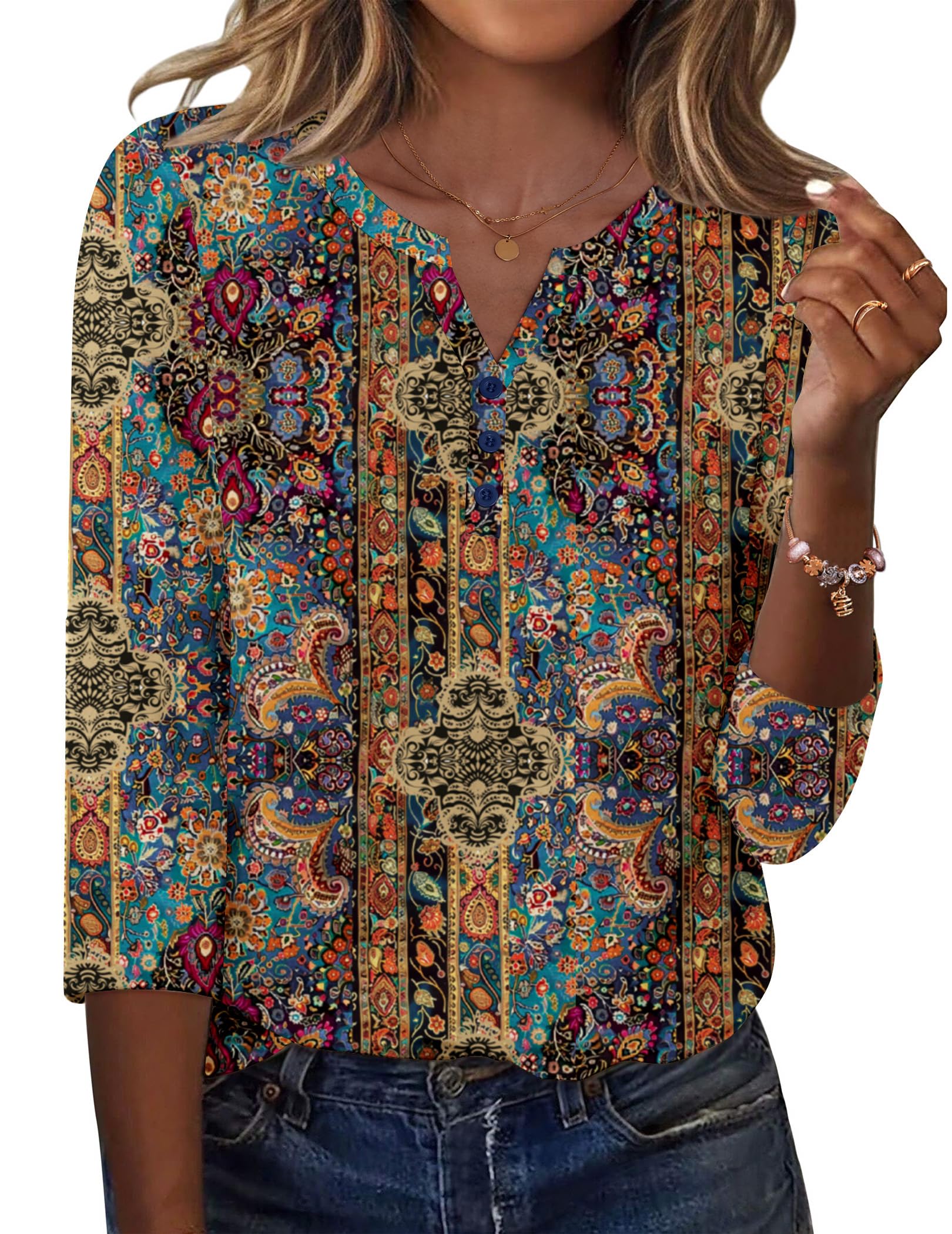 Zeagoo Tshirt Damen 3/4 Arm Shirt V-Ausschnitt Elegant Oberteile Locker Basic Top Tunika Bluse Sommer mit Knöpfen S-XXL