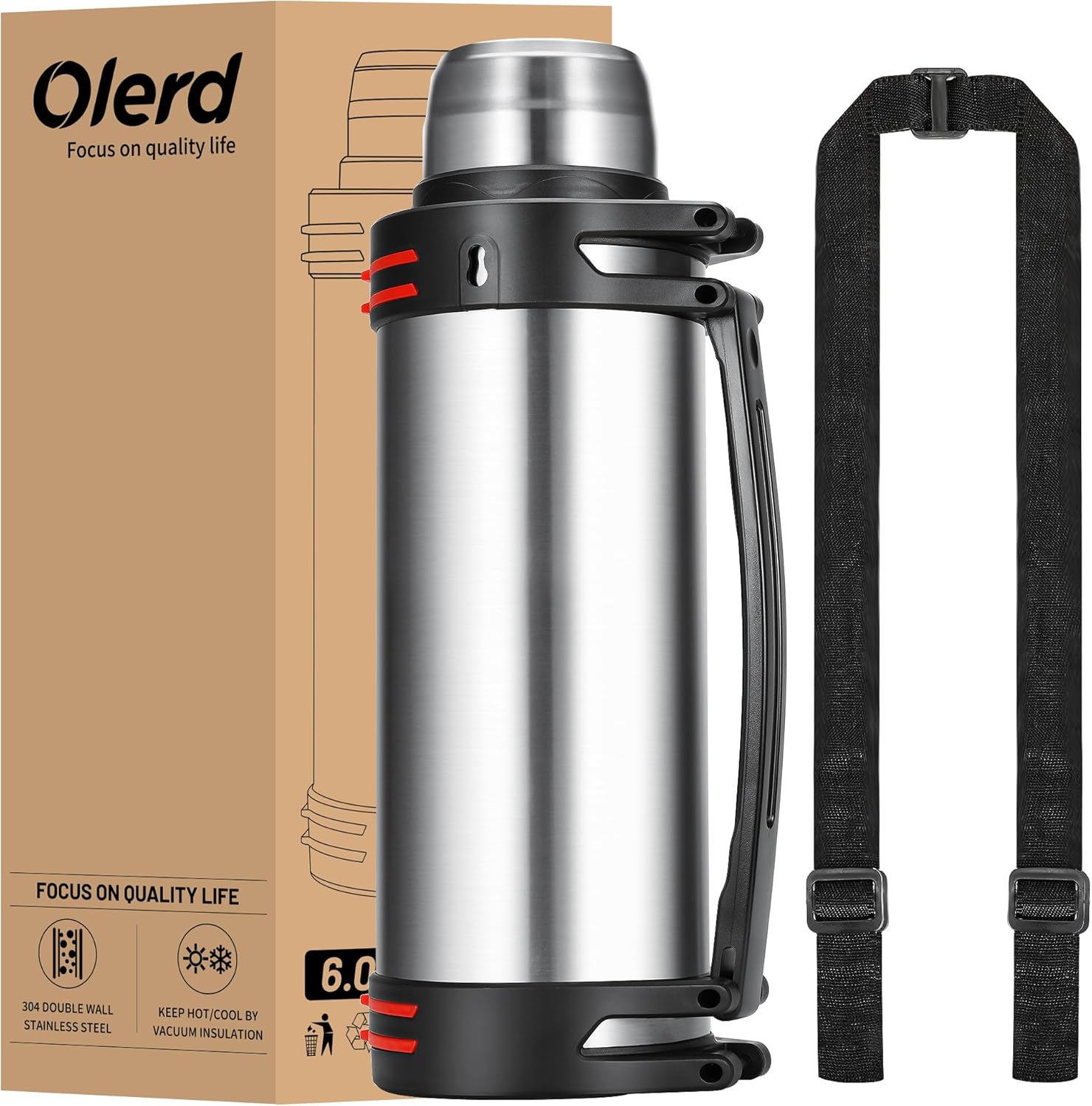 Large Thermosflask- 202oz Stainless Steel Insulated Bottle for Travel with BPA Free Cup - 6L Oversized Vacuum Insulated Thermoses with Handle and Strap for Hot & Cold Drinks(Silver) 202.9 Ounces Silver