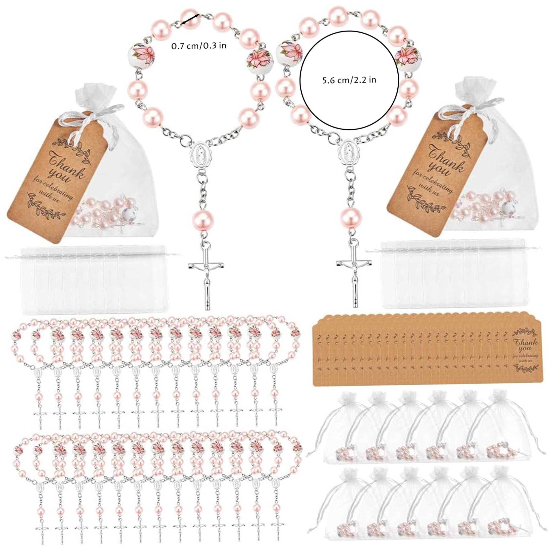 Mini-Rosenkranz, 50 Stück, Tauf-Rosenkranz, Gastgeschenke, Keramik-Blumenperlen-Armbänder mit Kreuz-Anhänger für Taufe, Hochzeiten, Erstkommunion, 5, 6 cm.