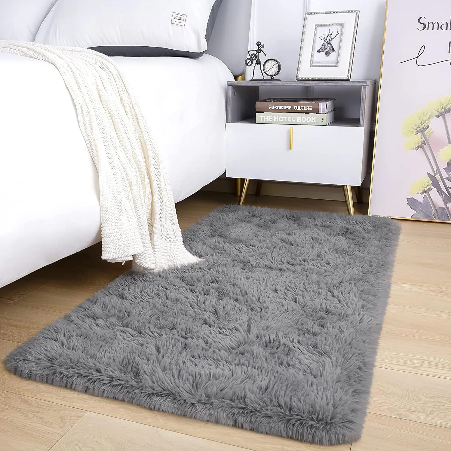 AMEHA Small Grey Shaggy Rug 50x80 cm Fluffy Soft Non Slip Bedside Rugs for Bedroom Living Room Nursery Modern Carpet Non-Shedding