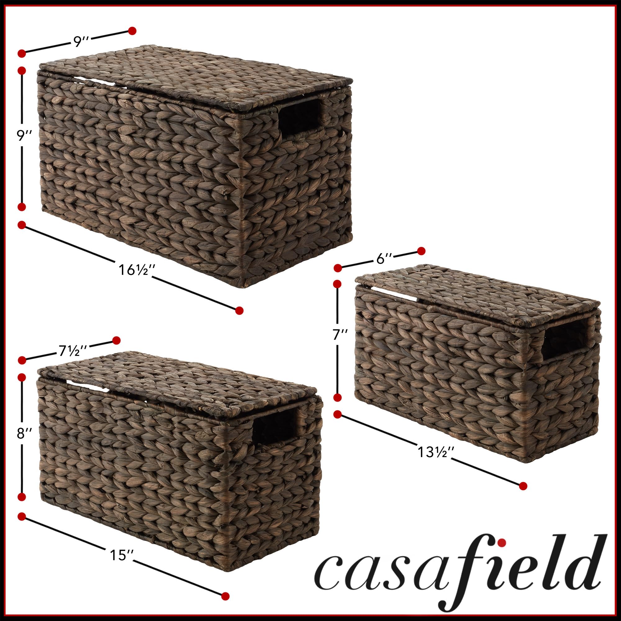 Casafield Aufbewahrungskörbe aus Wasserhyazinthe mit Deckel, Espresso, klein, mittel, groß, gewebte Nistkörbe für Badezimmer, Schlafzimmer, Schränke, Regale, 3 Stück