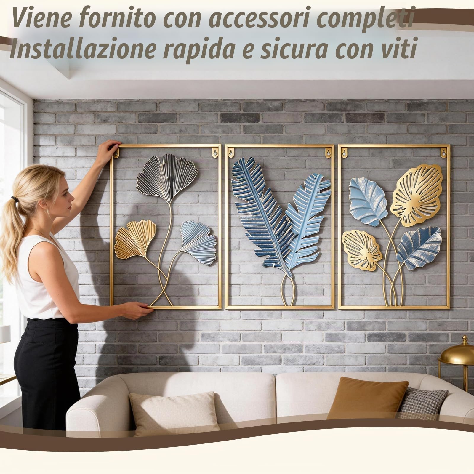 TECKZOON Set di 3 quadri da parete in metallo, 43 x 30 cm, con cornice dorata, decorazione da parete moderna per camera da letto, cucina e ufficio (oro/blu, ginkgo, ocra e foglie di banano)