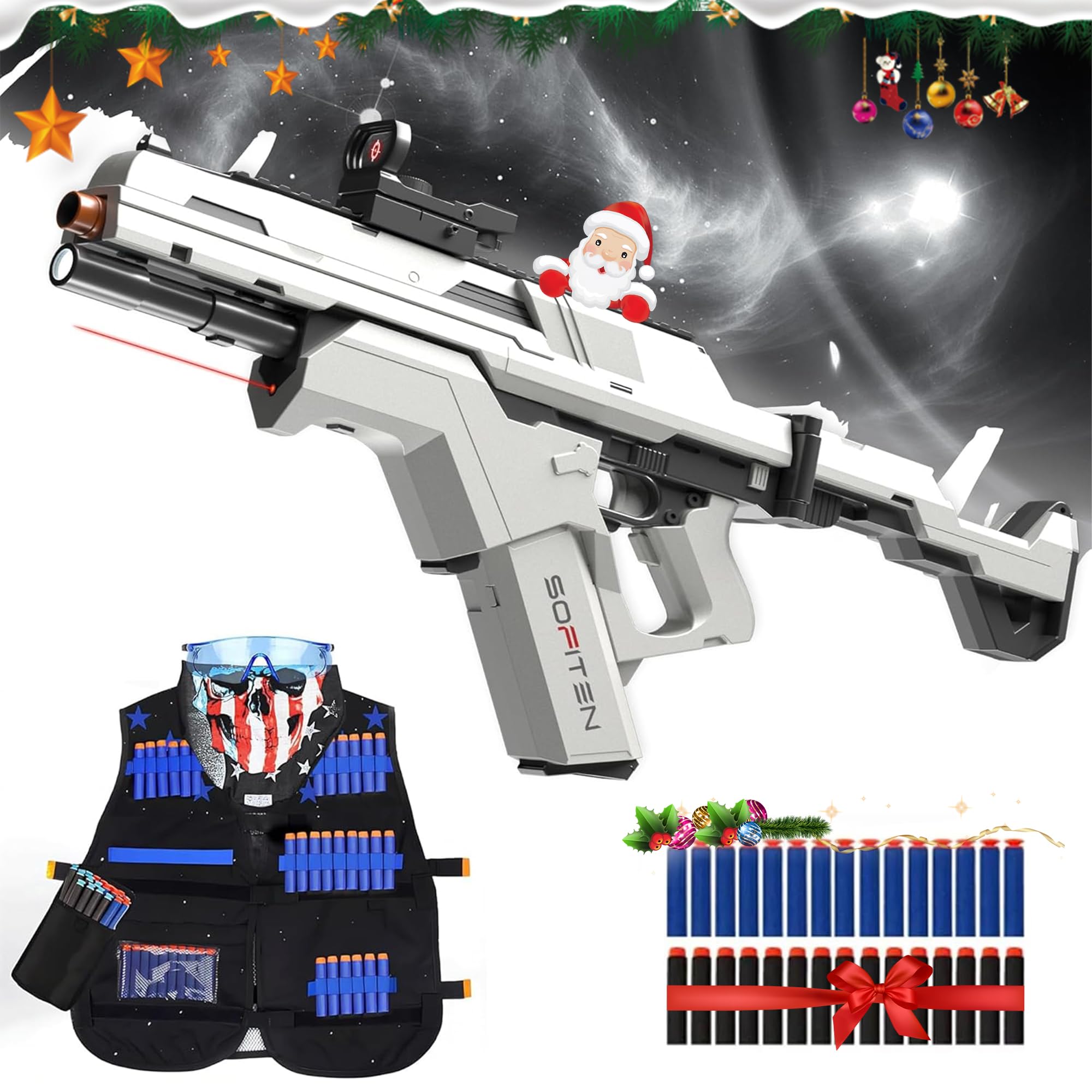 Toy Gun Automatic Sniper Rifle Toy Foam Blaster with Tactical Vest 150 Darts IR Flashlight Foldable Stock The Shooting Activity Game for Kids Age 8-12 Gifts for Birthday Xmas