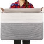 OIASKET Panier de couverture pour le salon, Panier de corde en coton pour le rangement, Paniers de jouets pour les enfants, paniers tissés avec poignées pour vêtements, serviettes, oreillers, 20" x 16" x 12", Marron et blanc