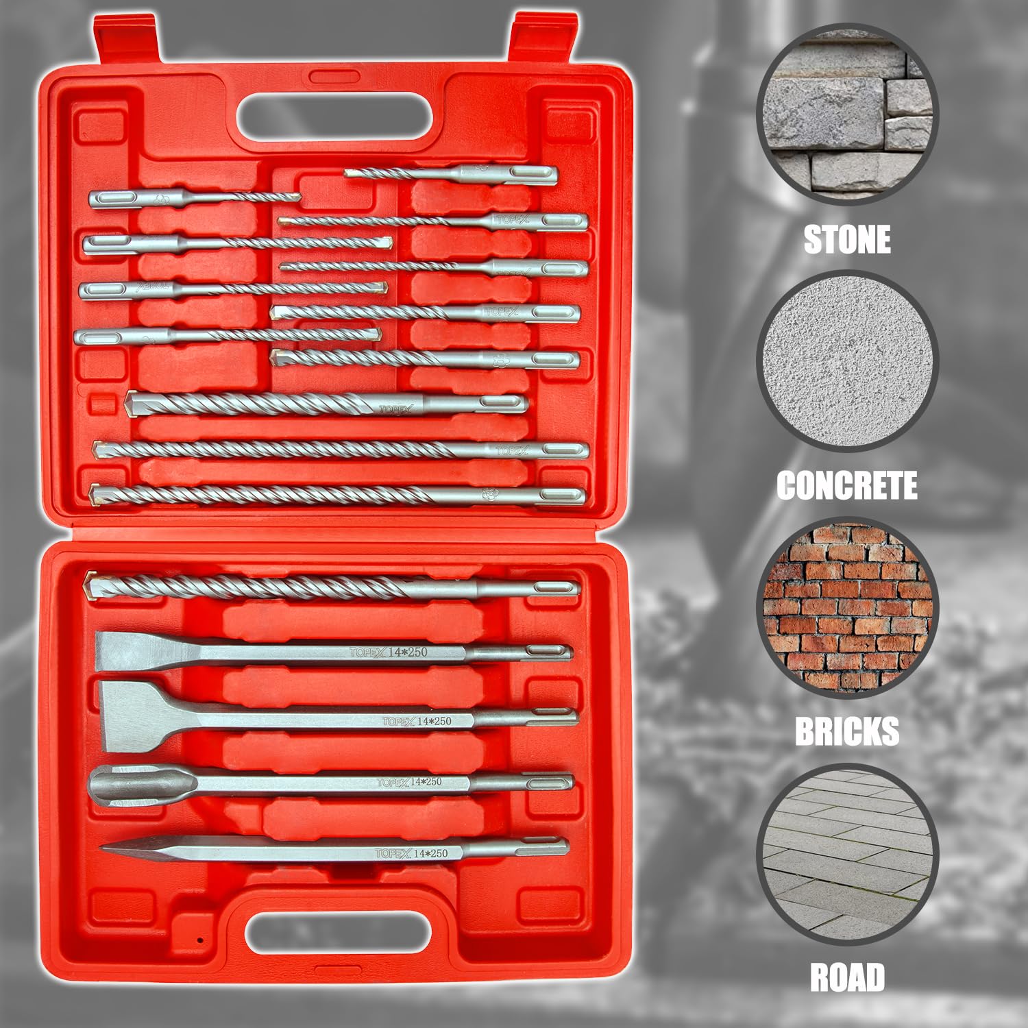 TOPEX Juego de 17 brocas SDS Plus para martillo rotativo y brocas de cincel para perforar ladrillos, hormigón, pared, piedra