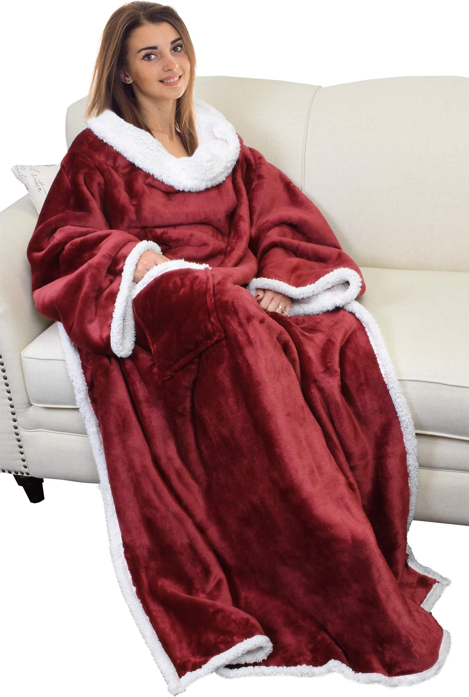 Catalonia Sherpa Wearable Blanket with Sleeves Arms, Comfy Sleeved TV Wrap Blanket, Large Snuggly Throw for Women and Men, Gift for Her