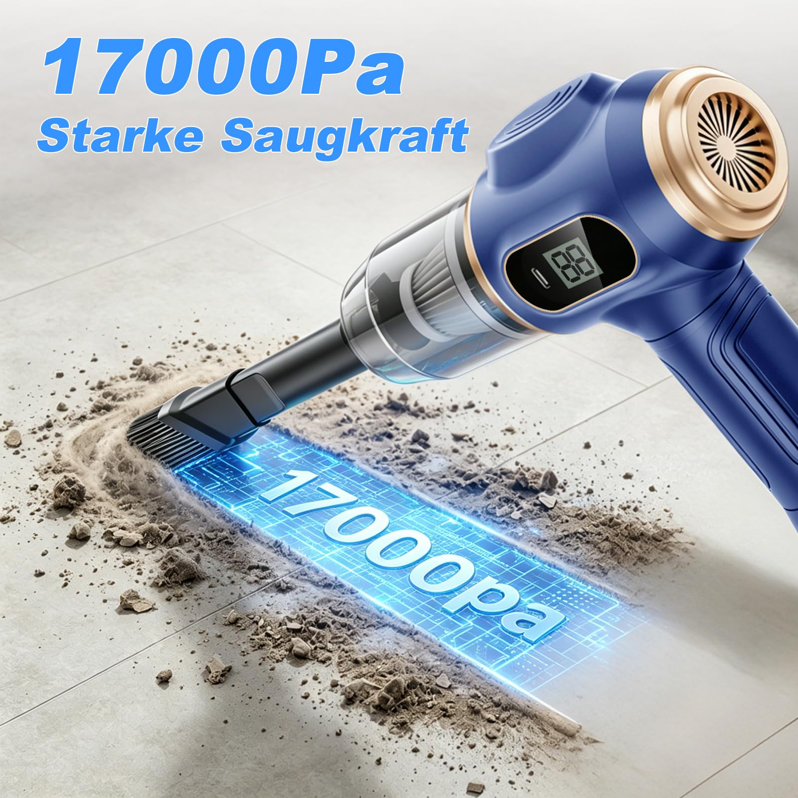 Tragbarer Auto Staubsauger Kabellos, Mini Handstaubsauger Wiederaufladbar mit LCD-Display und Mehrere Düsen, Hochleistungs-Handstaubsauger für Auto, Haus, Büro, Sofa, Tierhaare, Tastatur