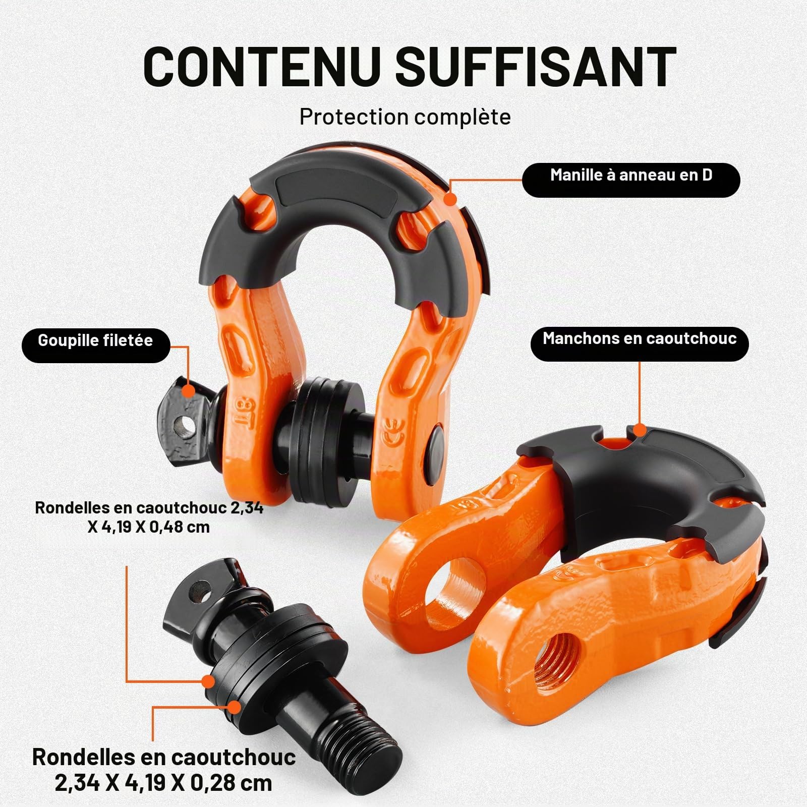 VEVOR Manille à anneau D 19 mm, lot de 2 manilles de remorquage acier allié, résistance à rupture 30 t avec goupille à vis 22 mm, isolateurs et rondelles, récupération pour VTT, camions, jeep, orange